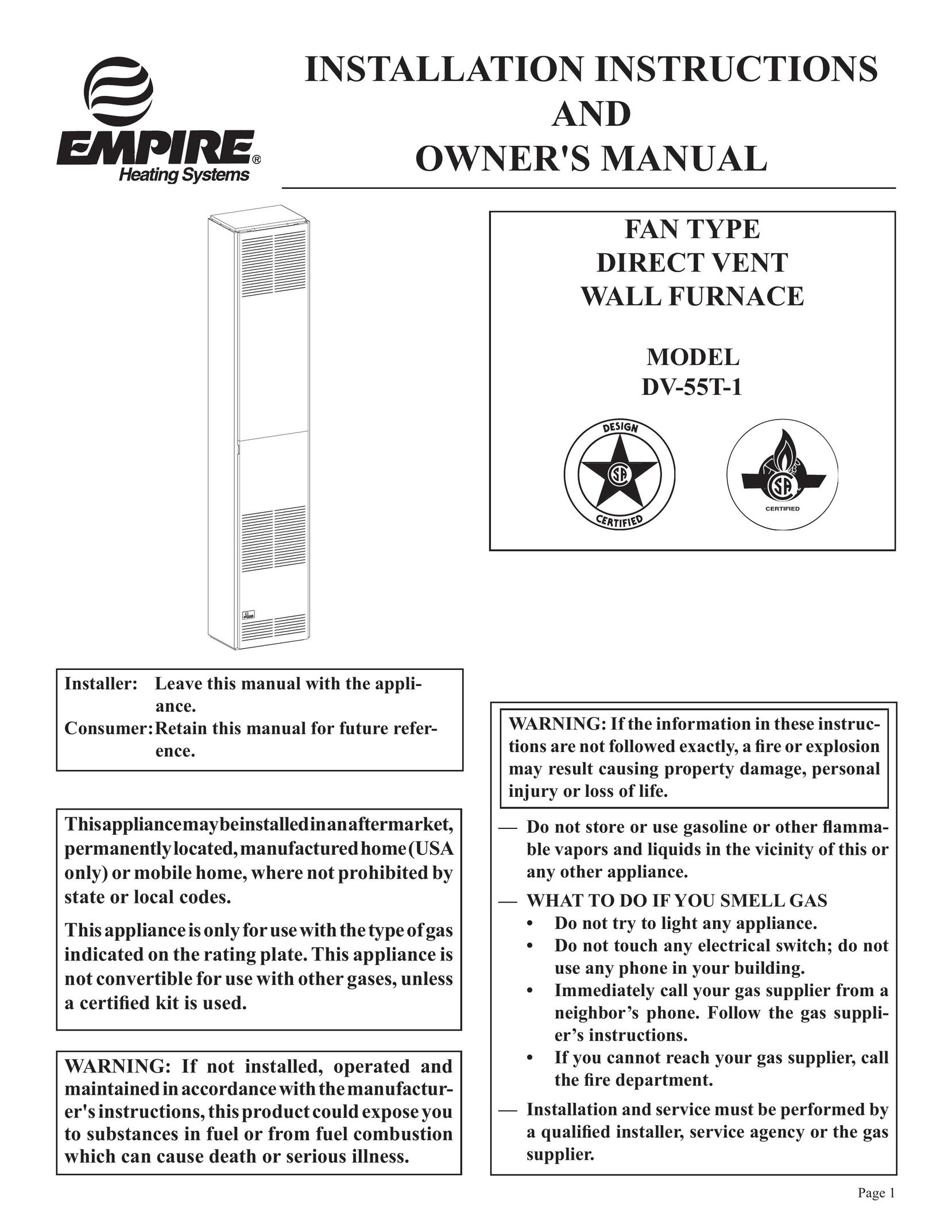 Empire Comfort Systems DV-55T-1 Furnace User Manual