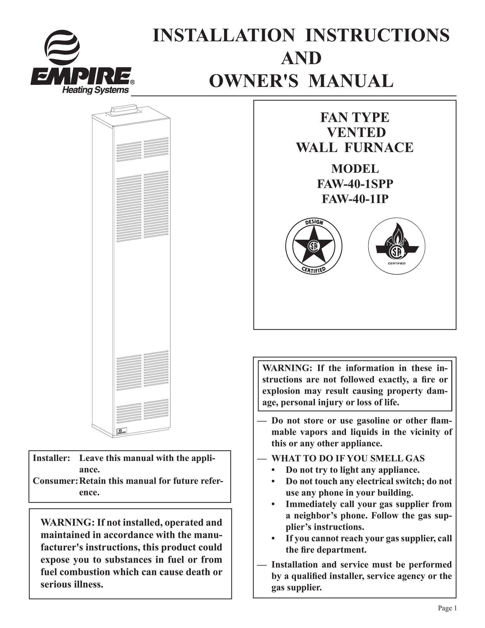 Empire Comfort Systems FAW-40-1IP Furnace User Manual