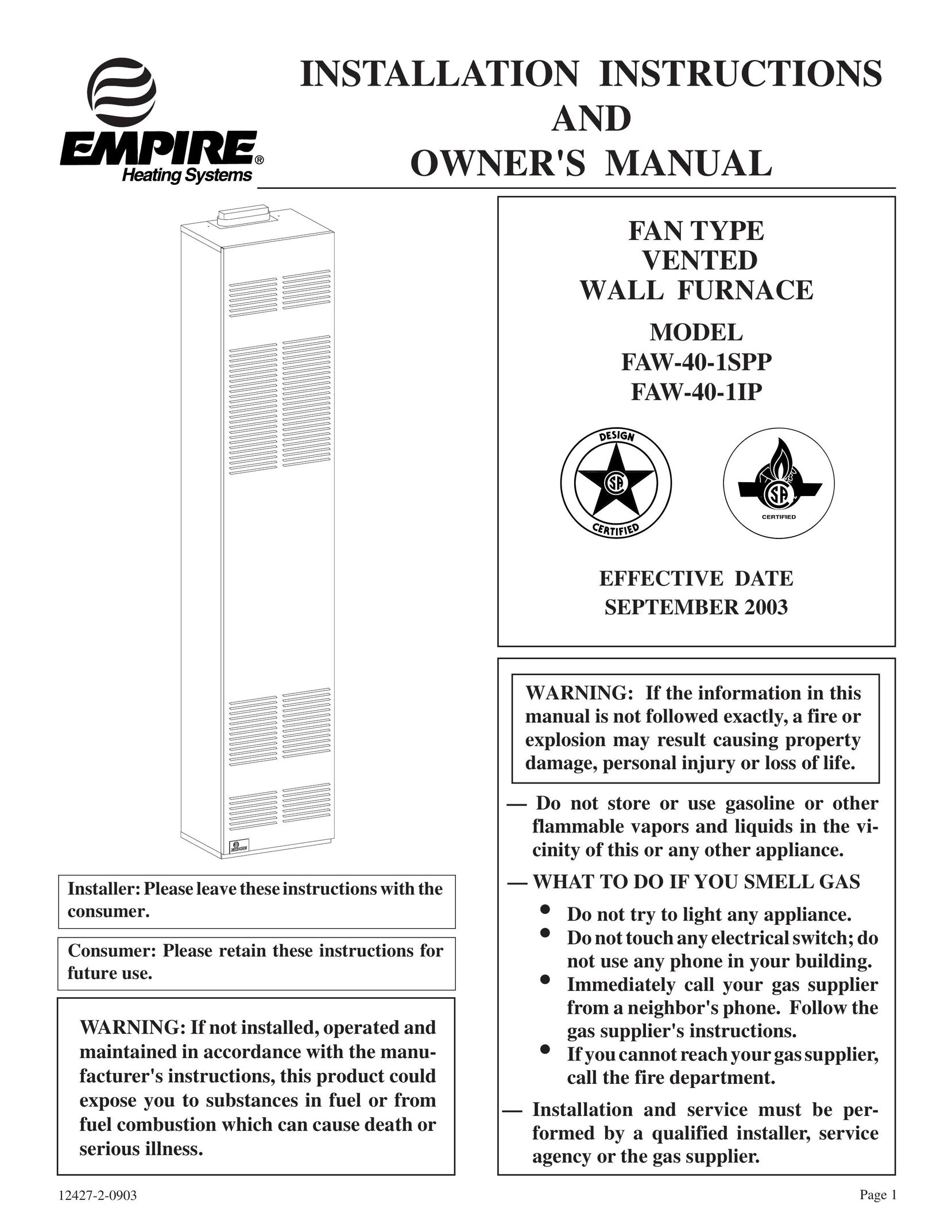 Empire Comfort Systems FAW-40-1SPP Furnace User Manual