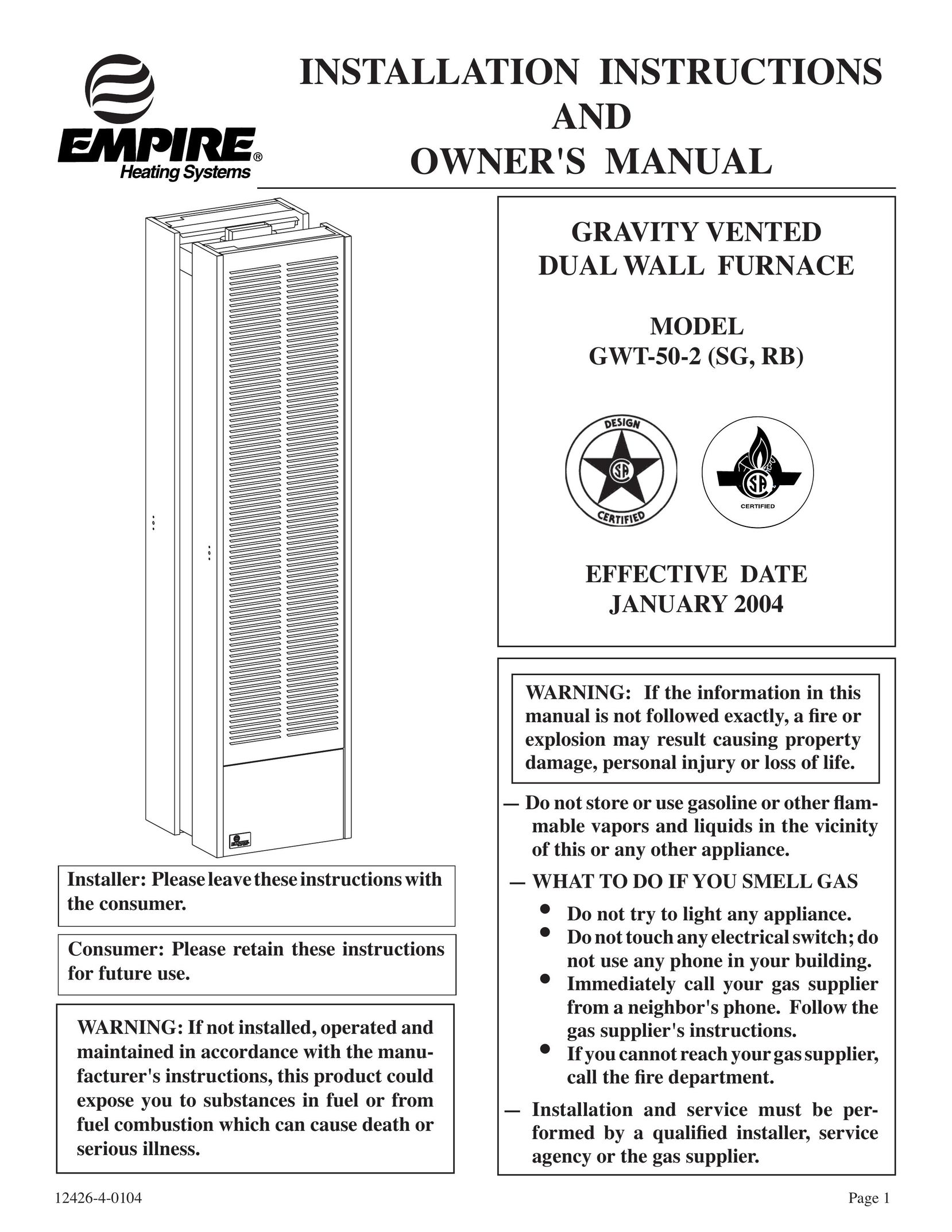 Empire Comfort Systems GWT-50-2 Furnace User Manual