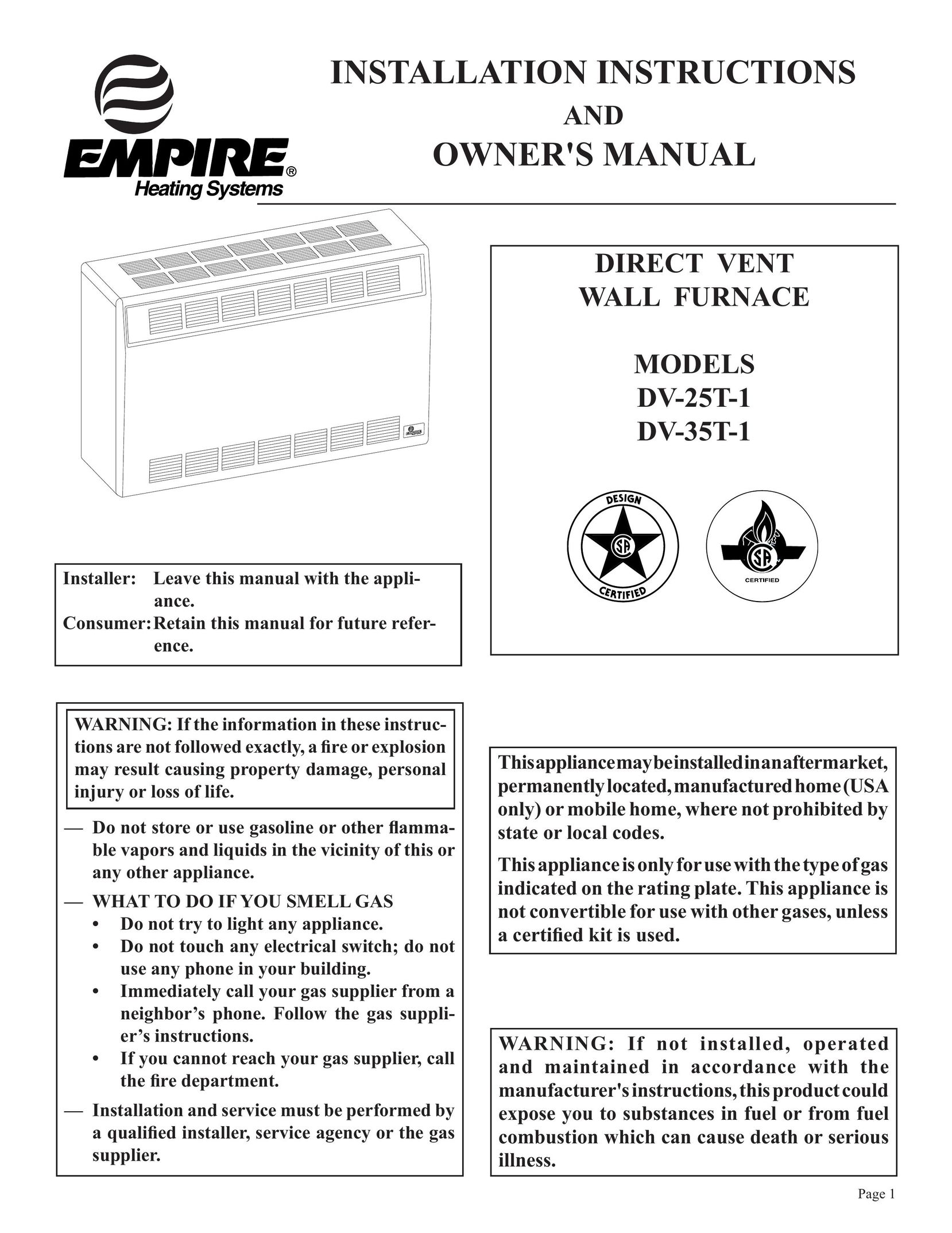 Empire Products DV-25T-1 Furnace User Manual