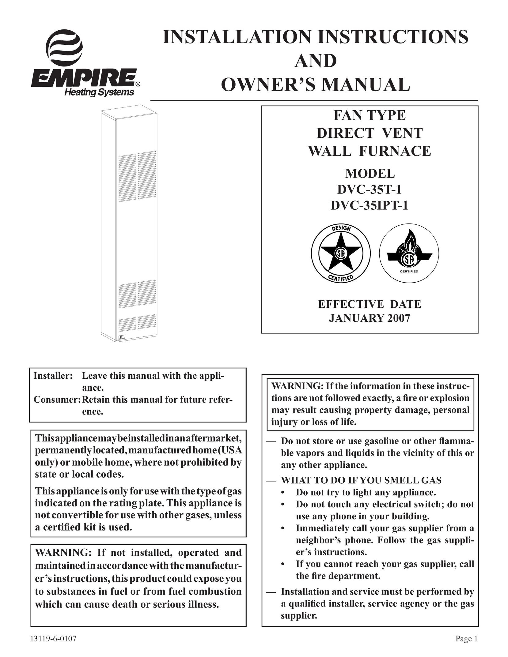 Empire Products DVC-35IPT-1 Furnace User Manual