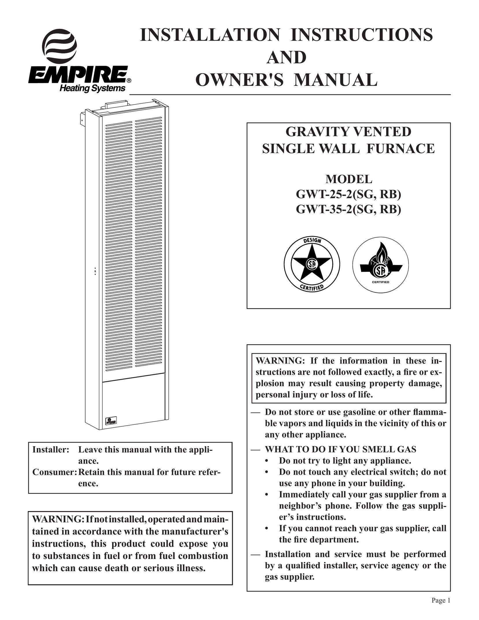 Empire Products GWT-25-2(SG Furnace User Manual
