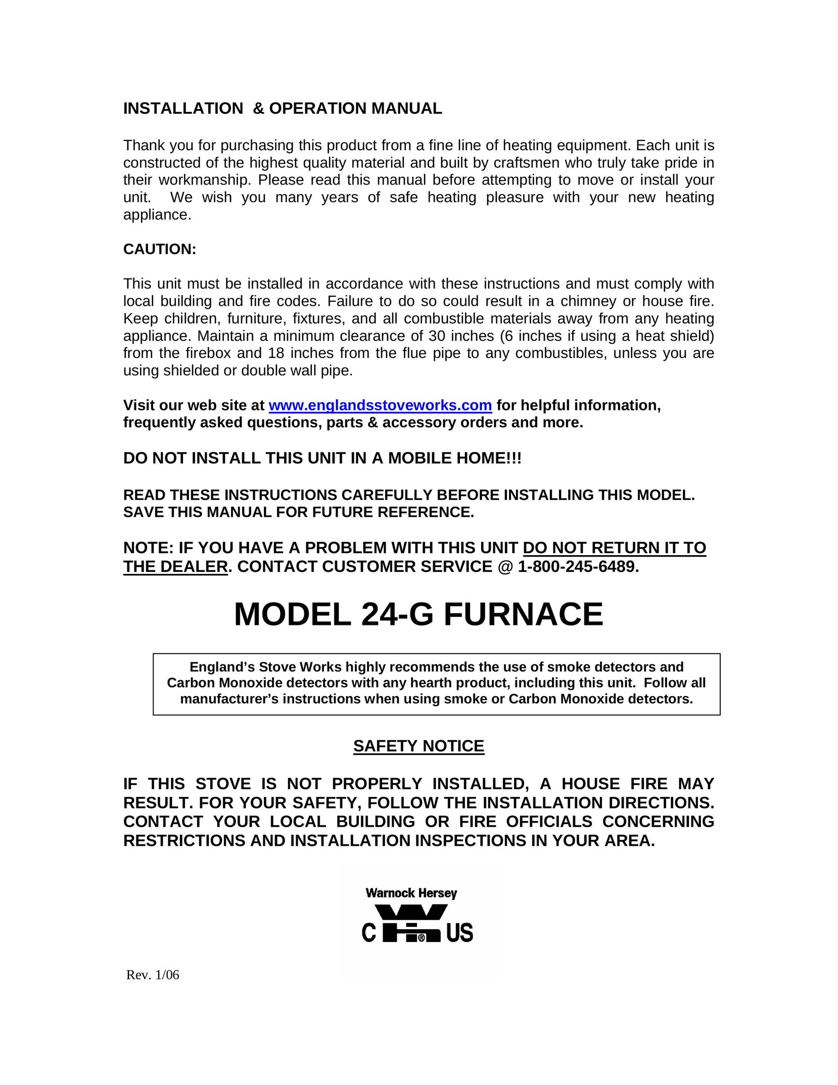 England's Stove Works 24-G Furnace User Manual