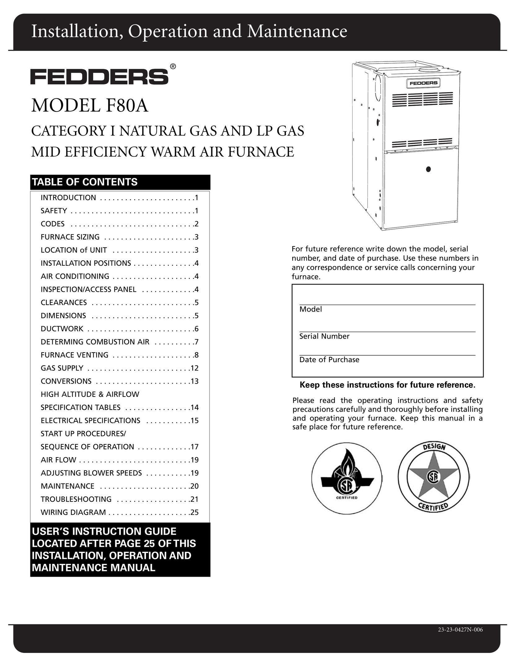 Fedders F80A Furnace User Manual