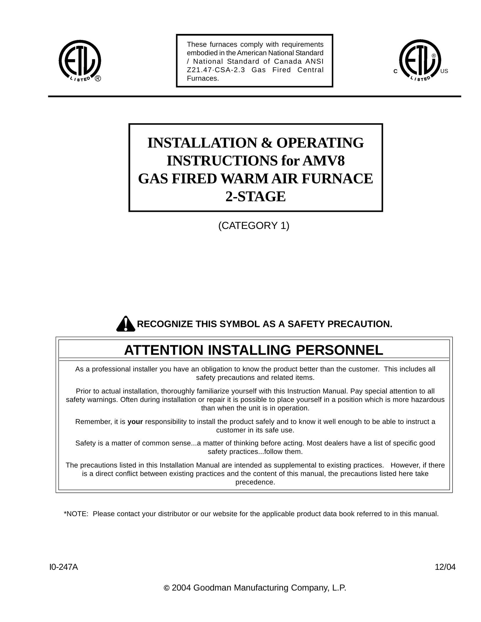 Goodman Mfg AMV8 Furnace User Manual