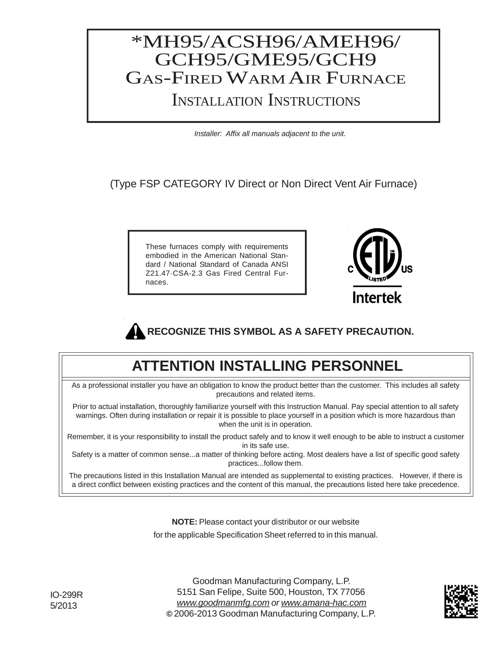 Goodman Mfg GAS-FIRED WARM AIR FURNACE Furnace User Manual