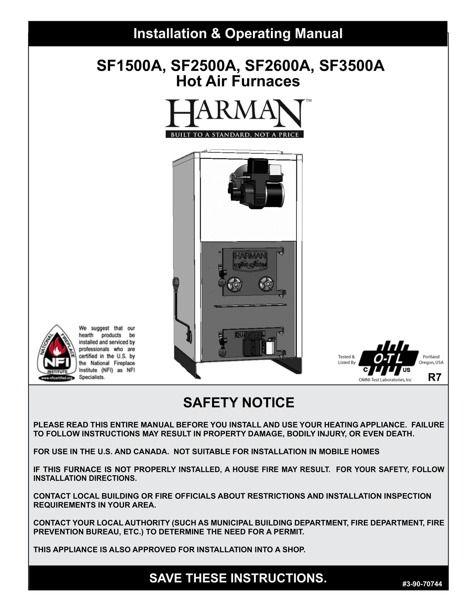 Harman Stove Company SF1500A Furnace User Manual