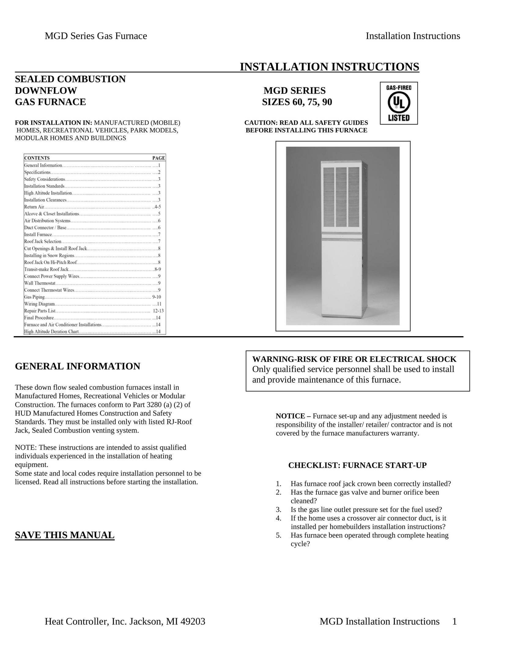 Heat Controller MGD75-E3A Furnace User Manual