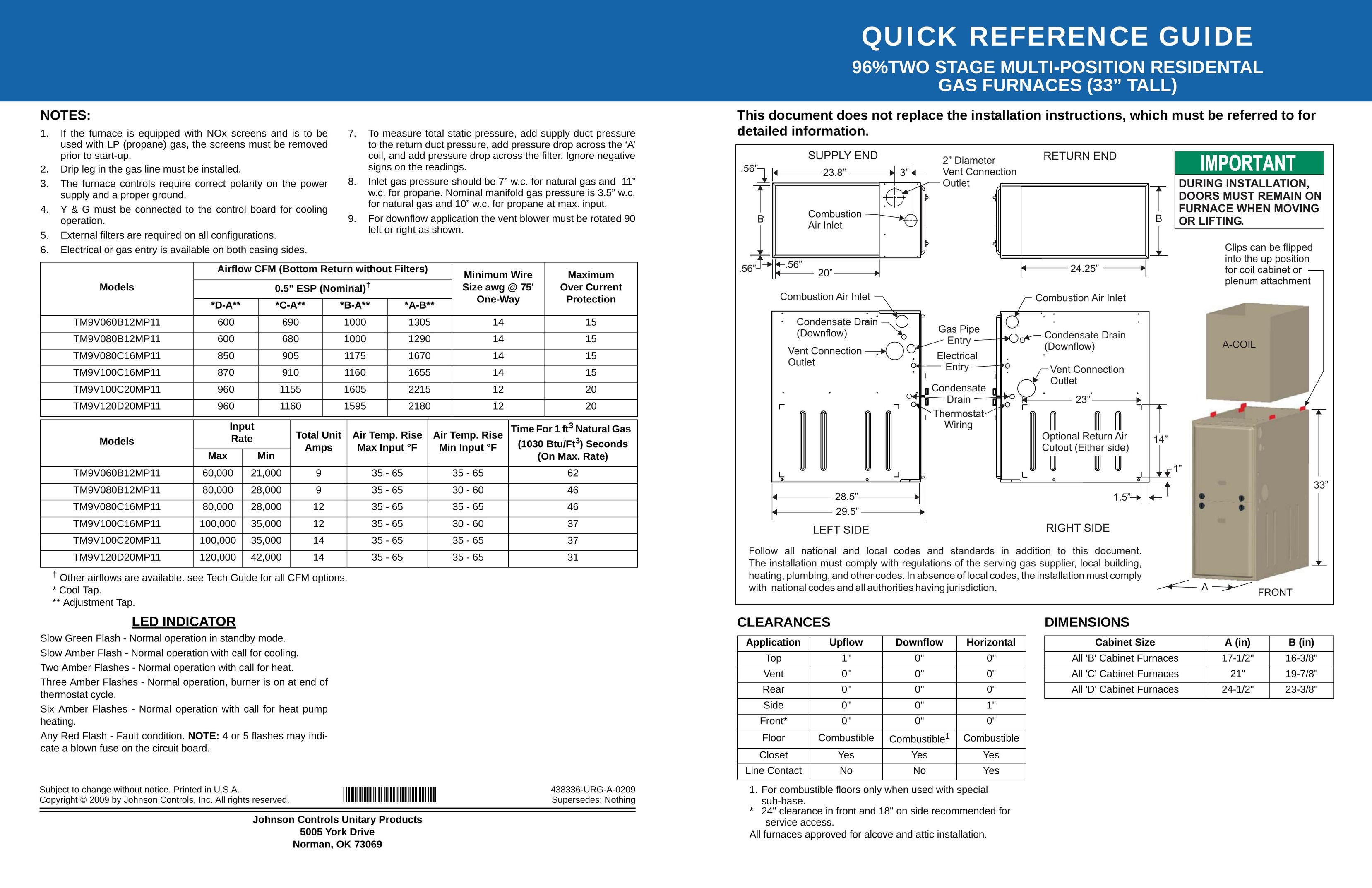 Johnson Controls TM9V100C16MP11 Furnace User Manual