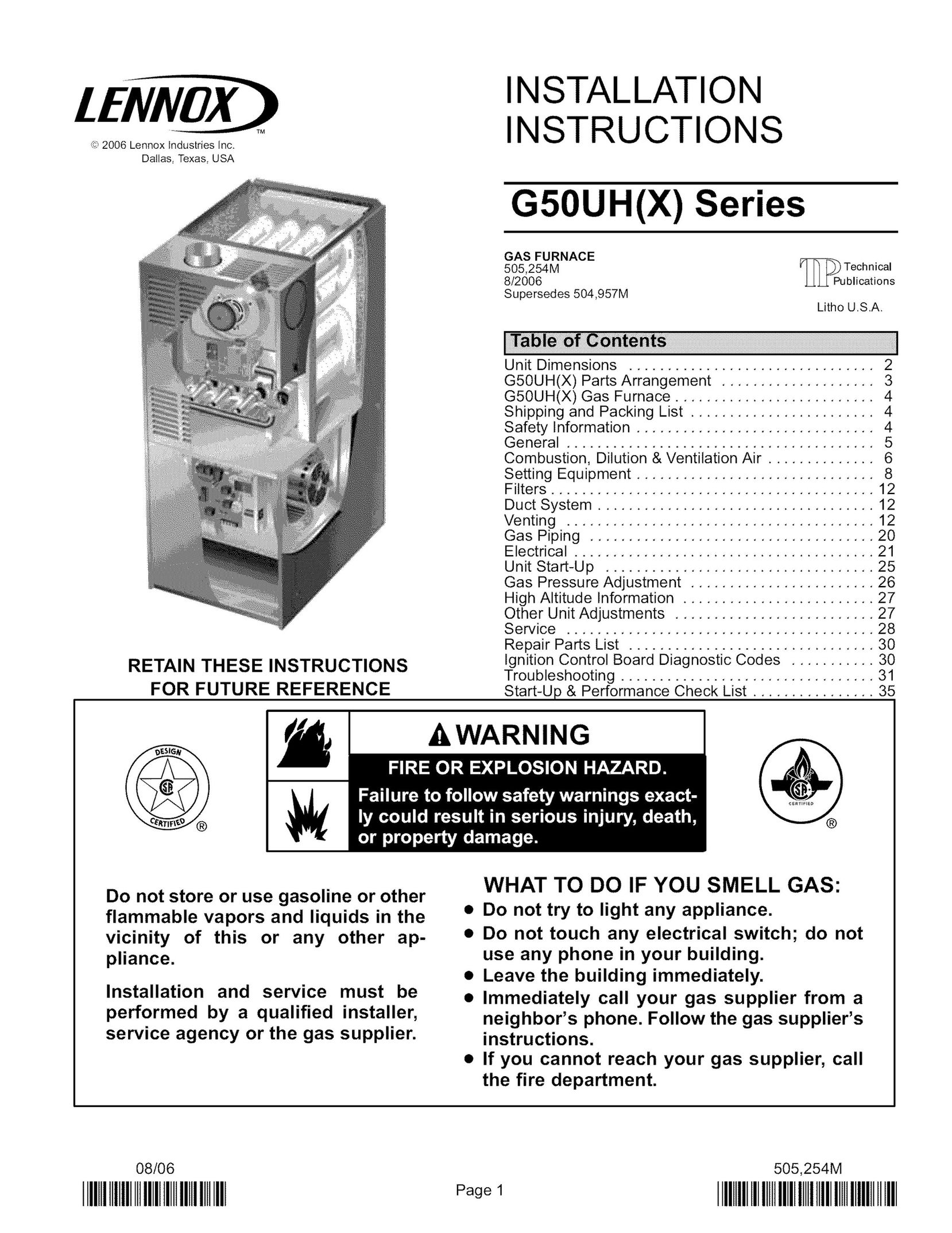 Lennox International Inc. G50UH-24A-045 Furnace User Manual