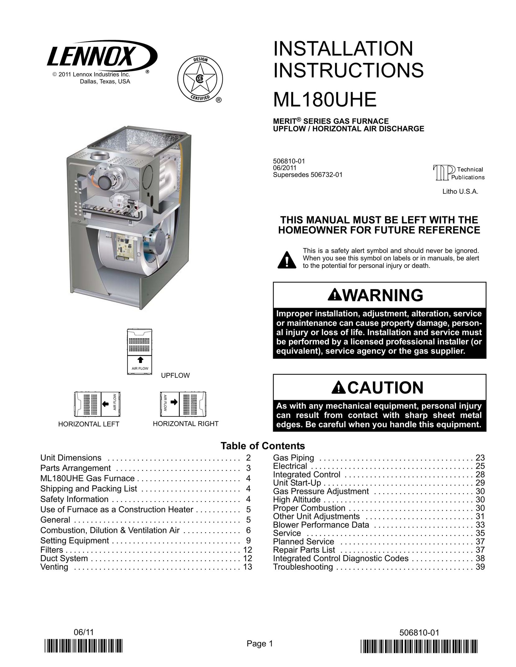 Lenox Lennox Merit Series Gas Furnace Upflow/Horizontal air discharge. Furnace User Manual