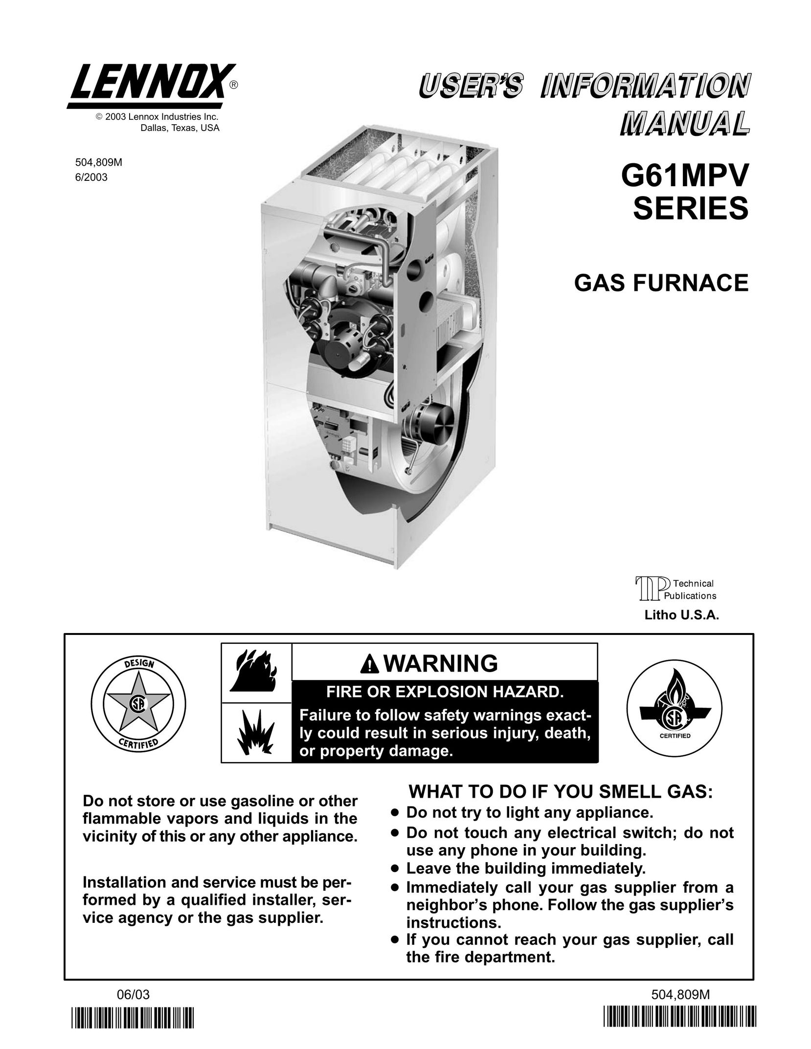 Lenoxx Electronics P504809M Furnace User Manual