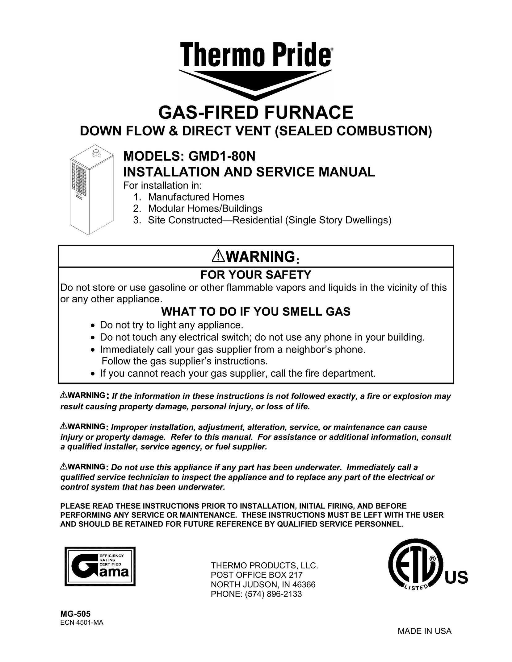 Lodge Manufacturing GMD1-80N Furnace User Manual