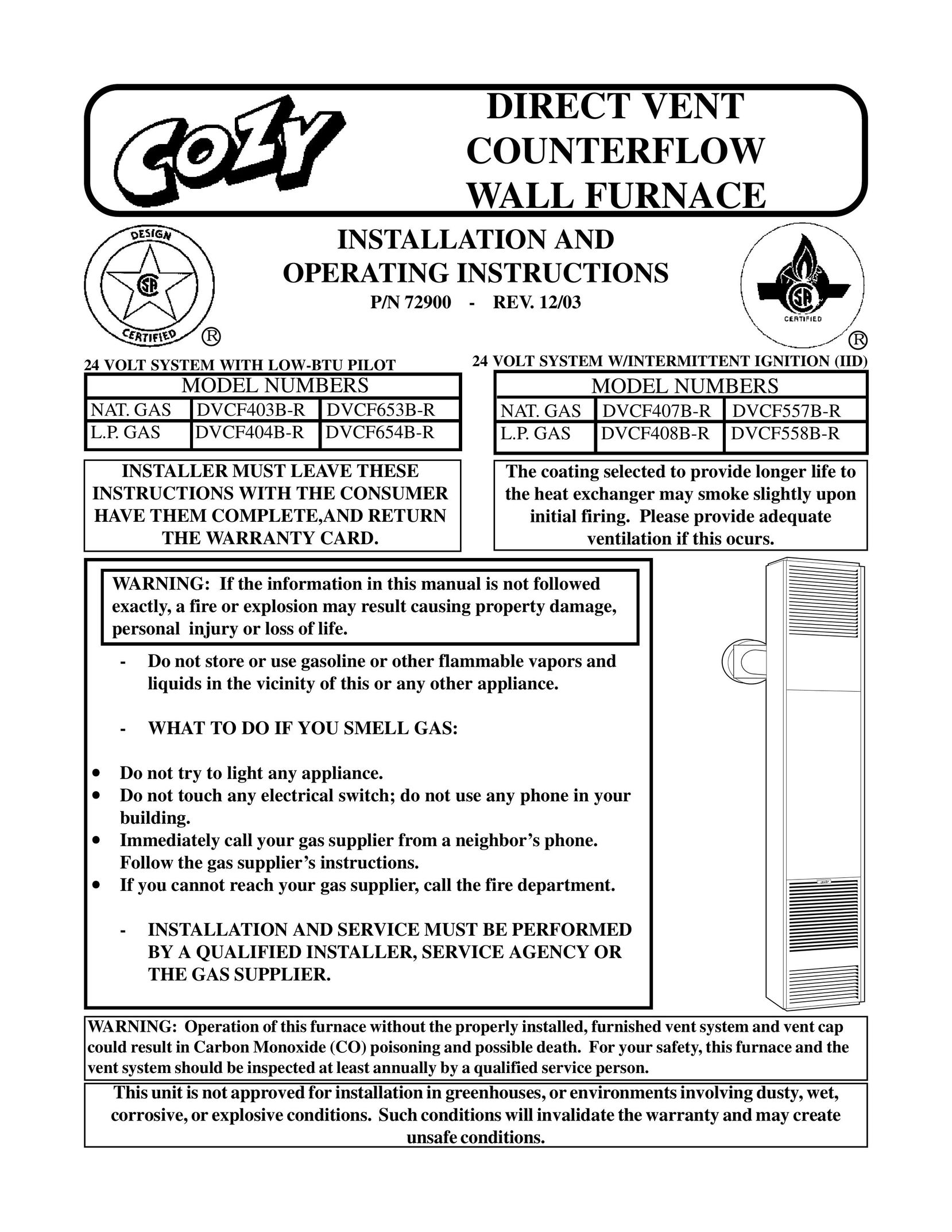 Louisville Tin and Stove DVCF403B-R Furnace User Manual
