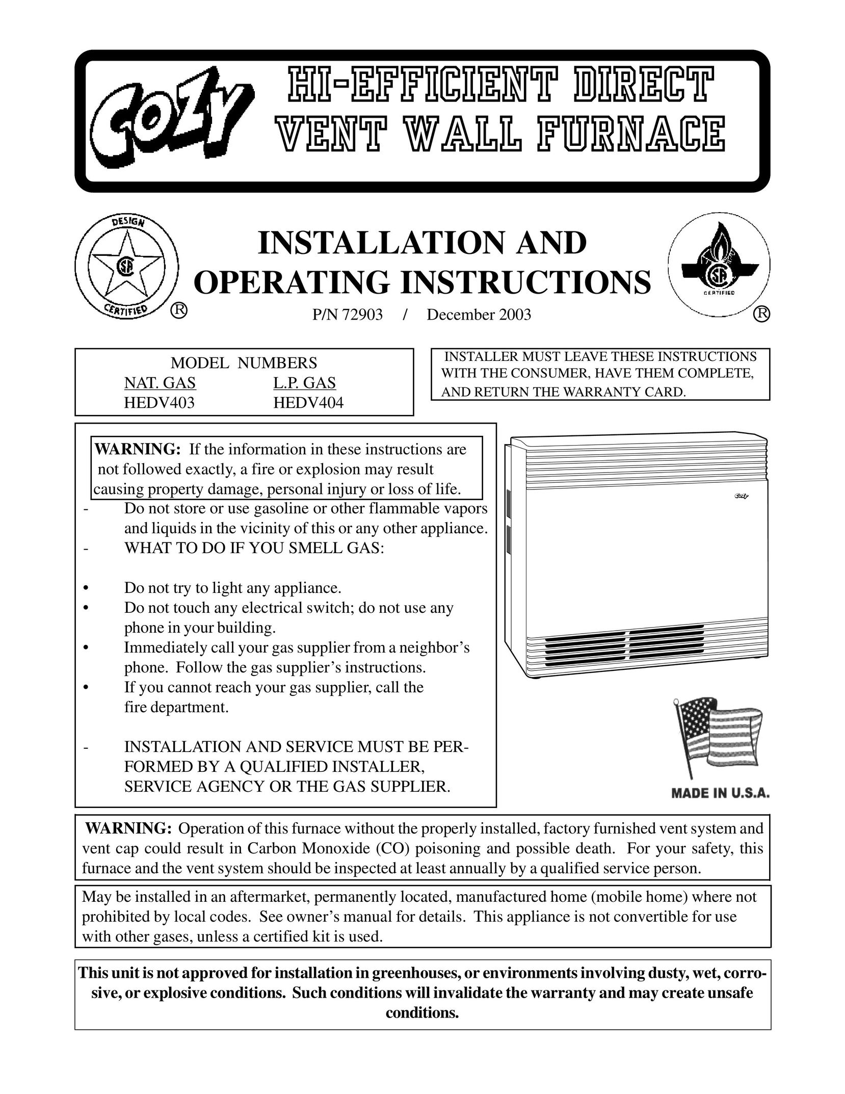 Louisville Tin and Stove HEDV403 Furnace User Manual