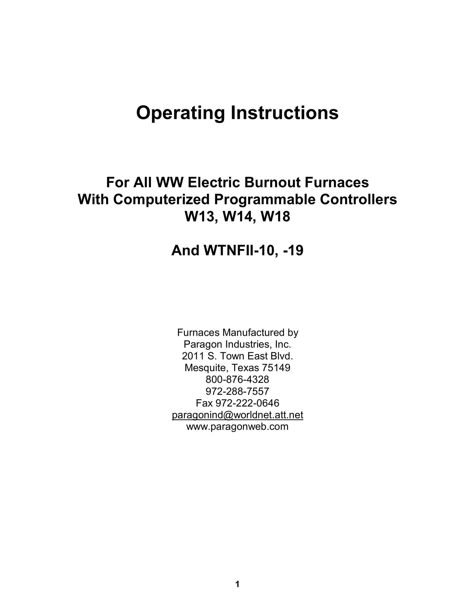 Paragon W13 Furnace User Manual