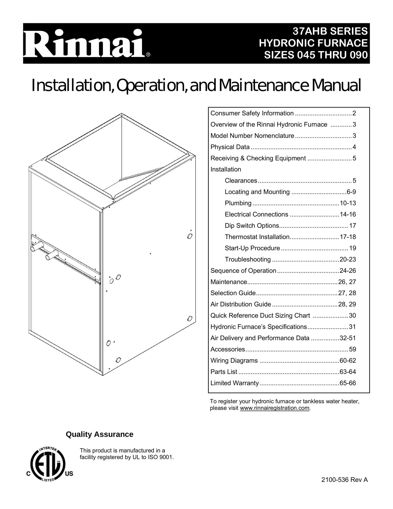 Rinnai 37AHB Furnace User Manual