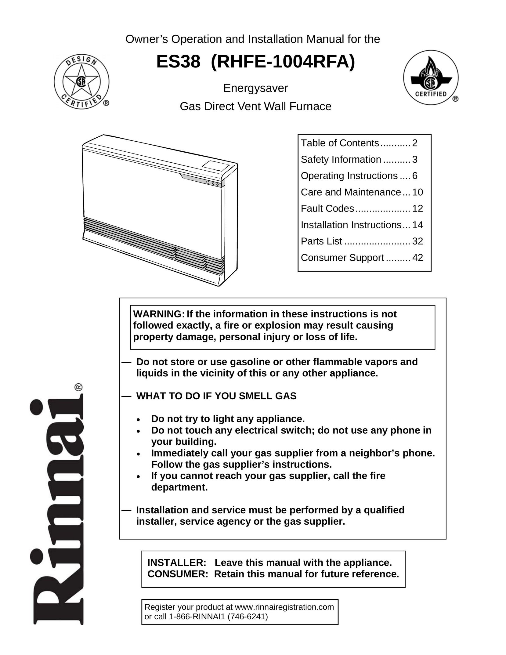 Rinnai ES38 Furnace User Manual
