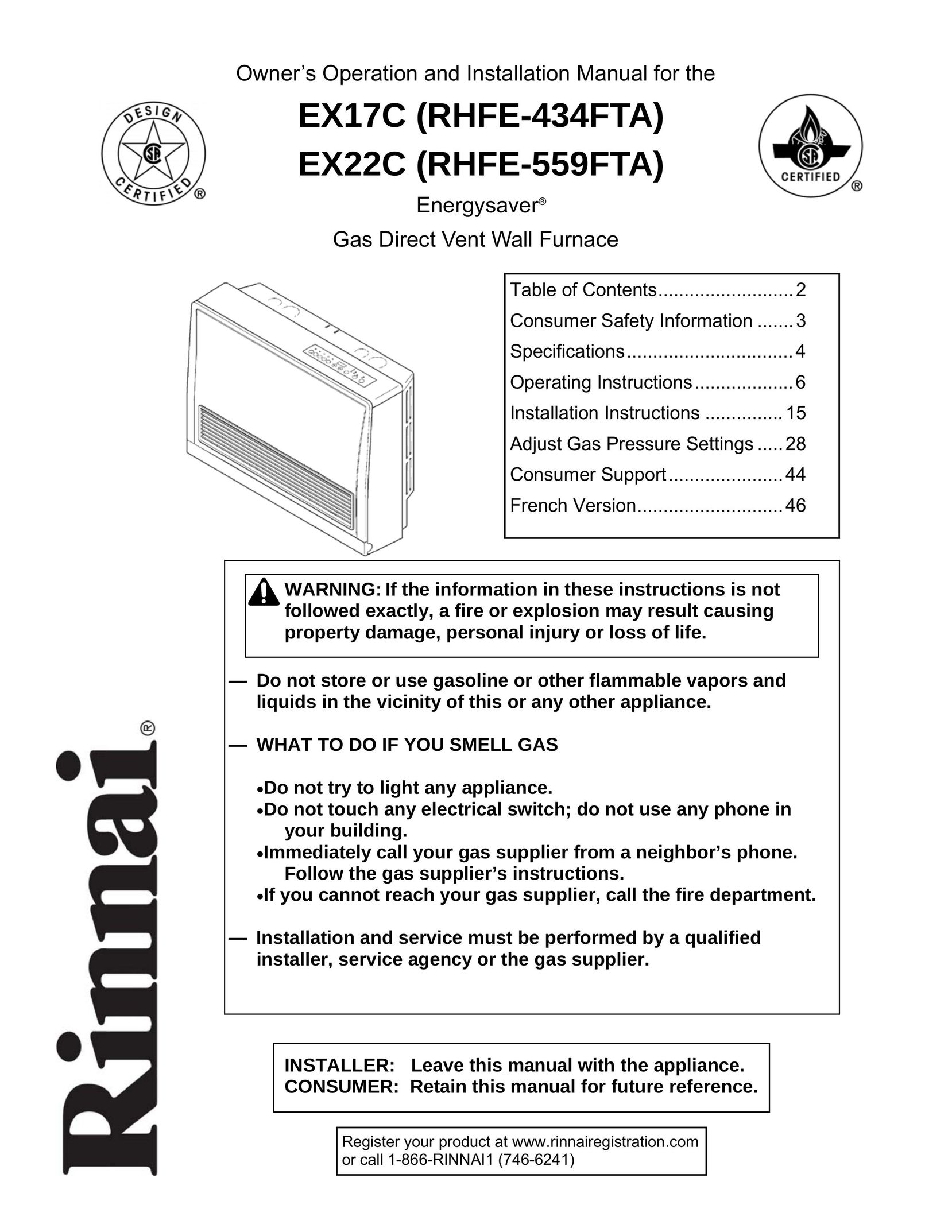 Rinnai EX17C Furnace User Manual