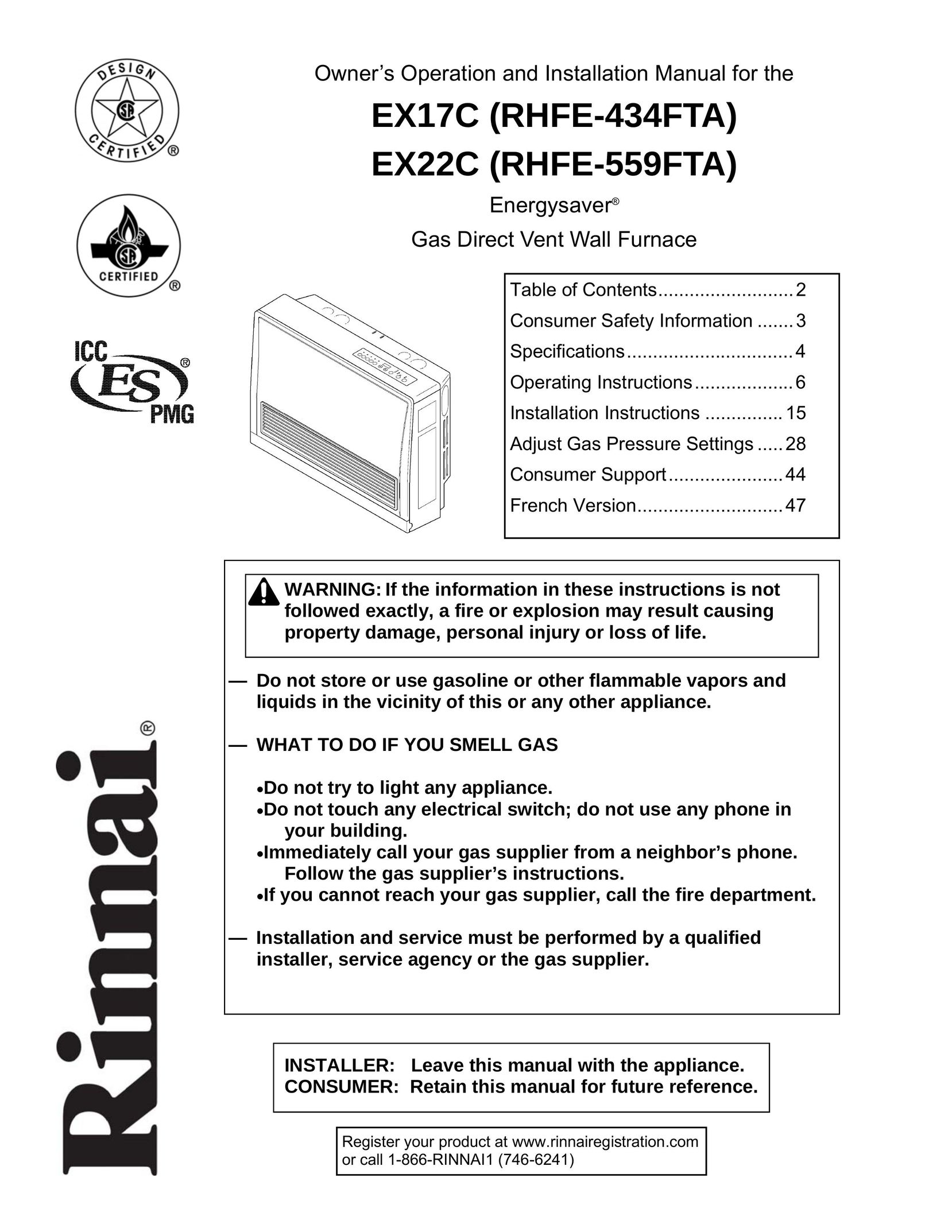 Rinnai EX17C (RHFE-434FTA) Furnace User Manual