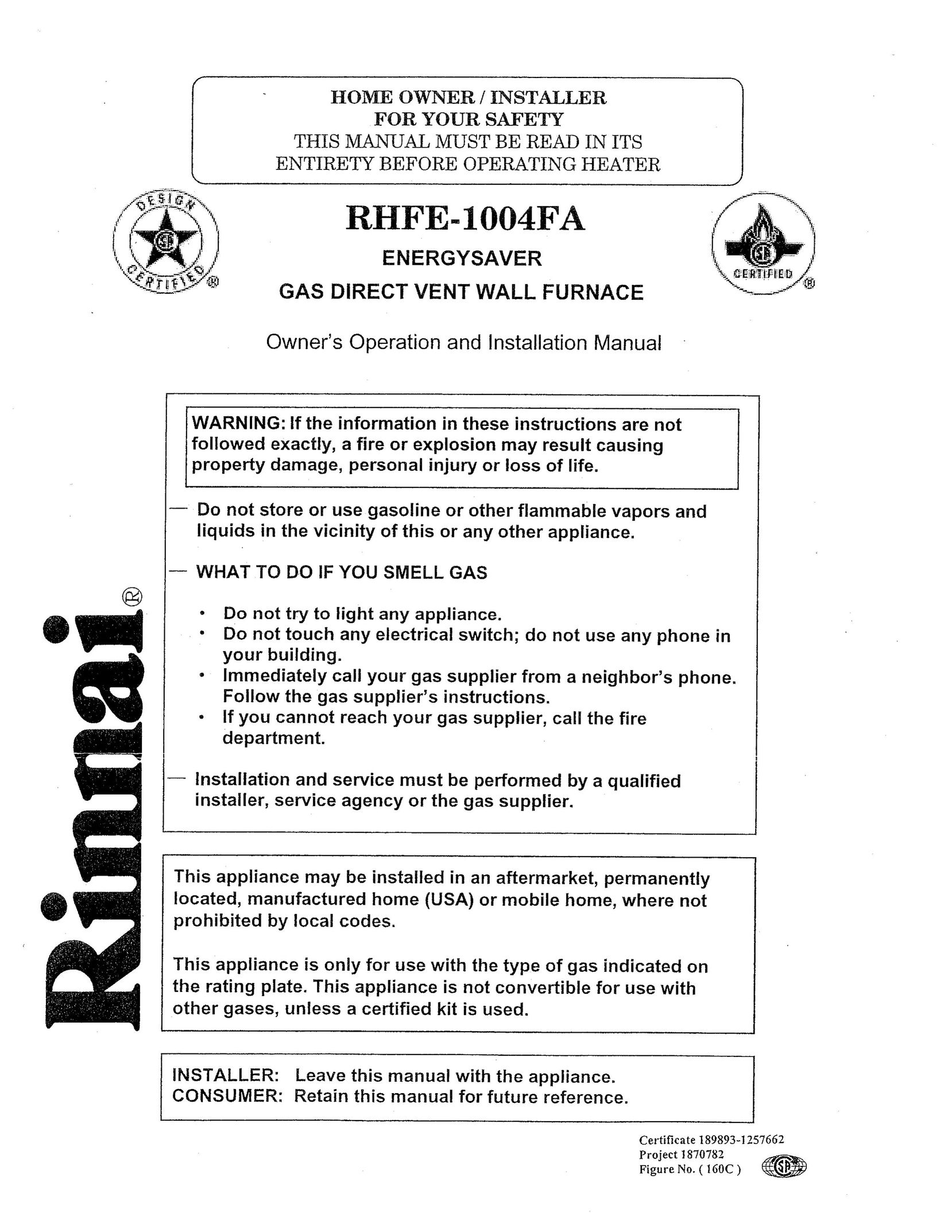 Rinnai RHFE-1004FA Furnace User Manual