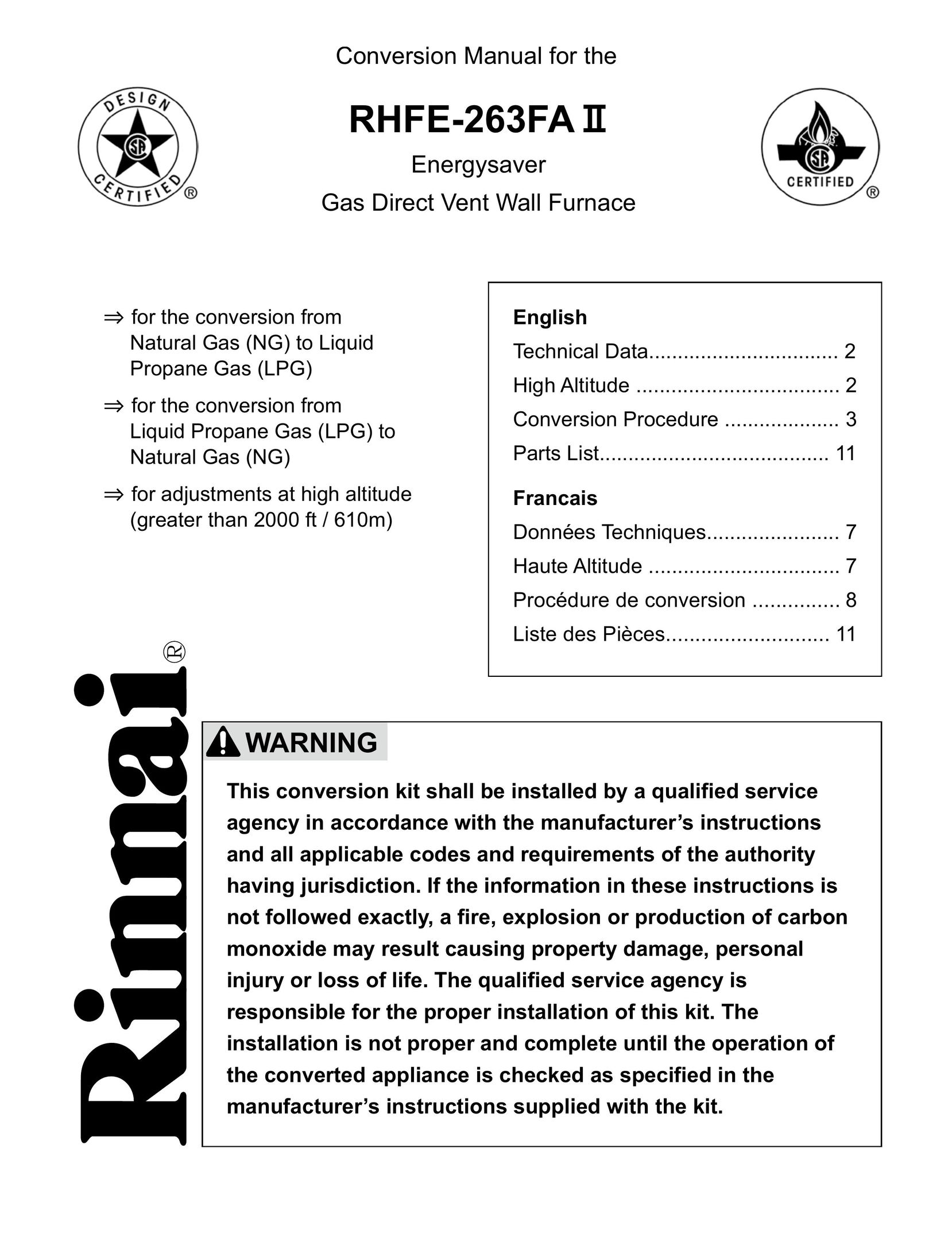 Rinnai RHFE-263FA II Furnace User Manual