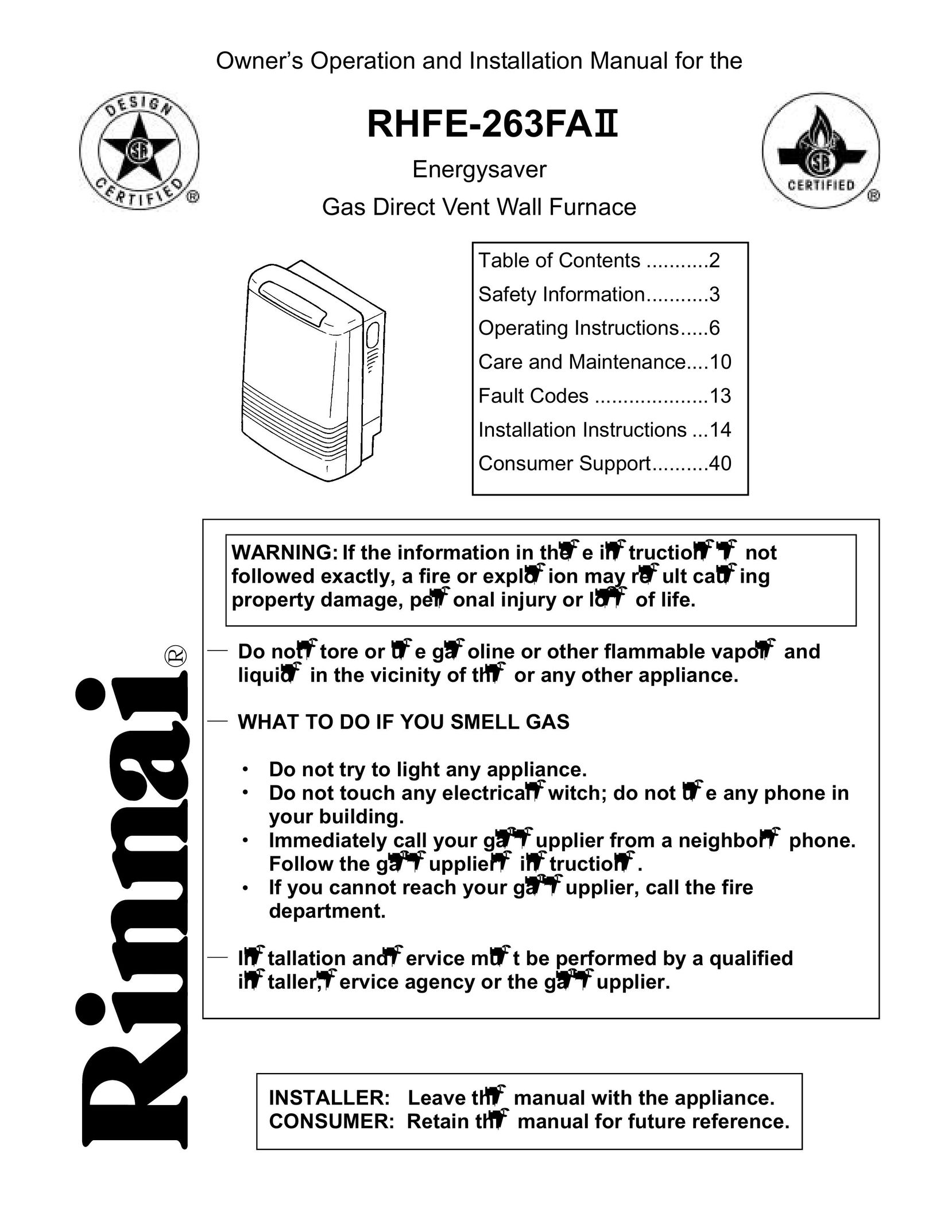 Rinnai RHFE-263FAII Furnace User Manual