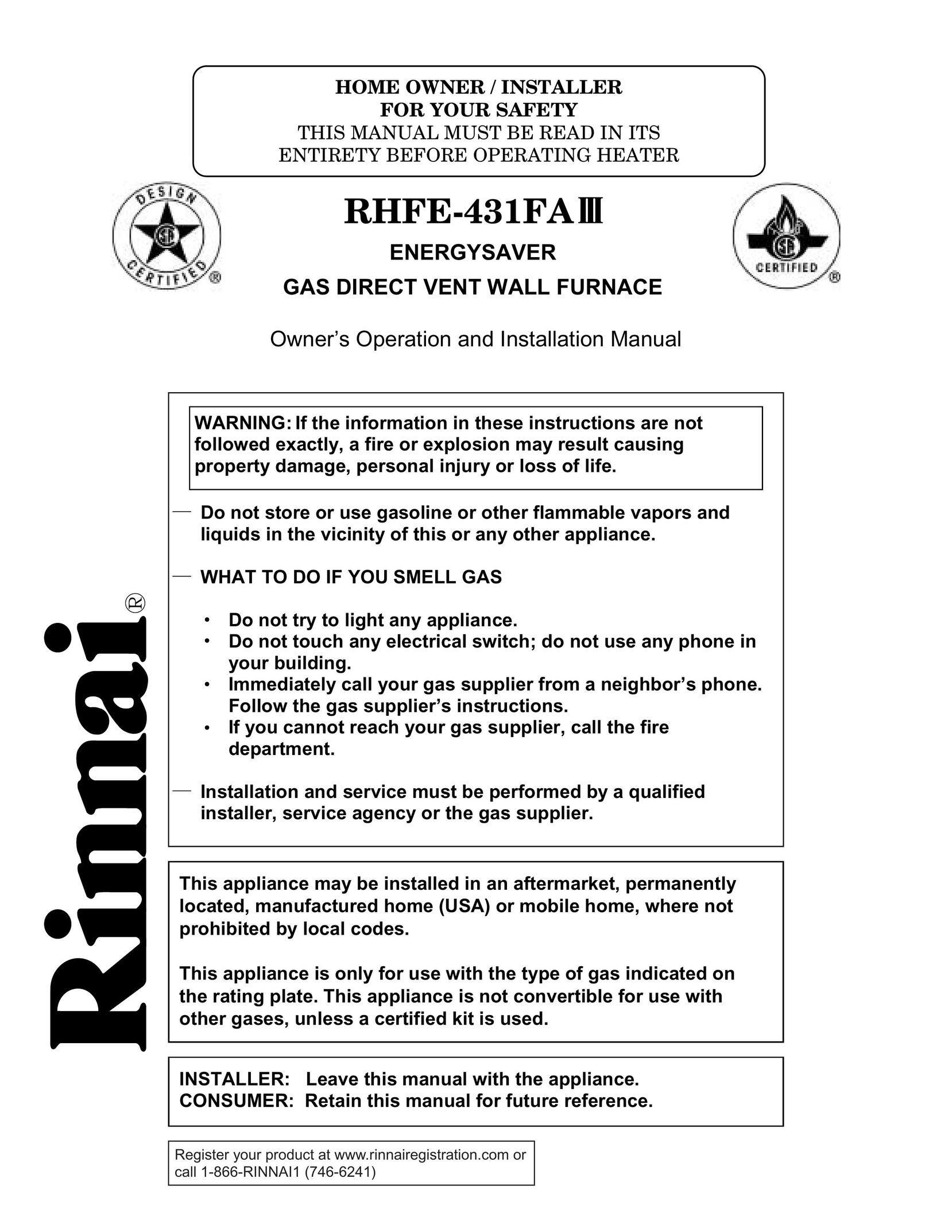 Rinnai RHFE-431FA Furnace User Manual