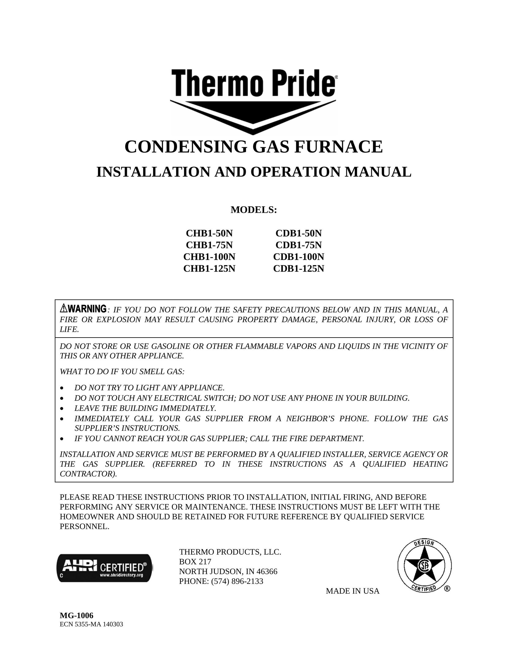 Thermo Products CBD1-125N Furnace User Manual
