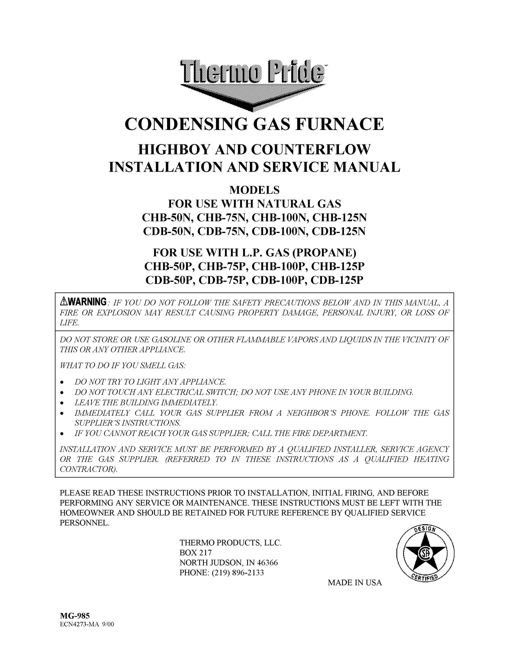 Thermo Products CHB-100N Furnace User Manual