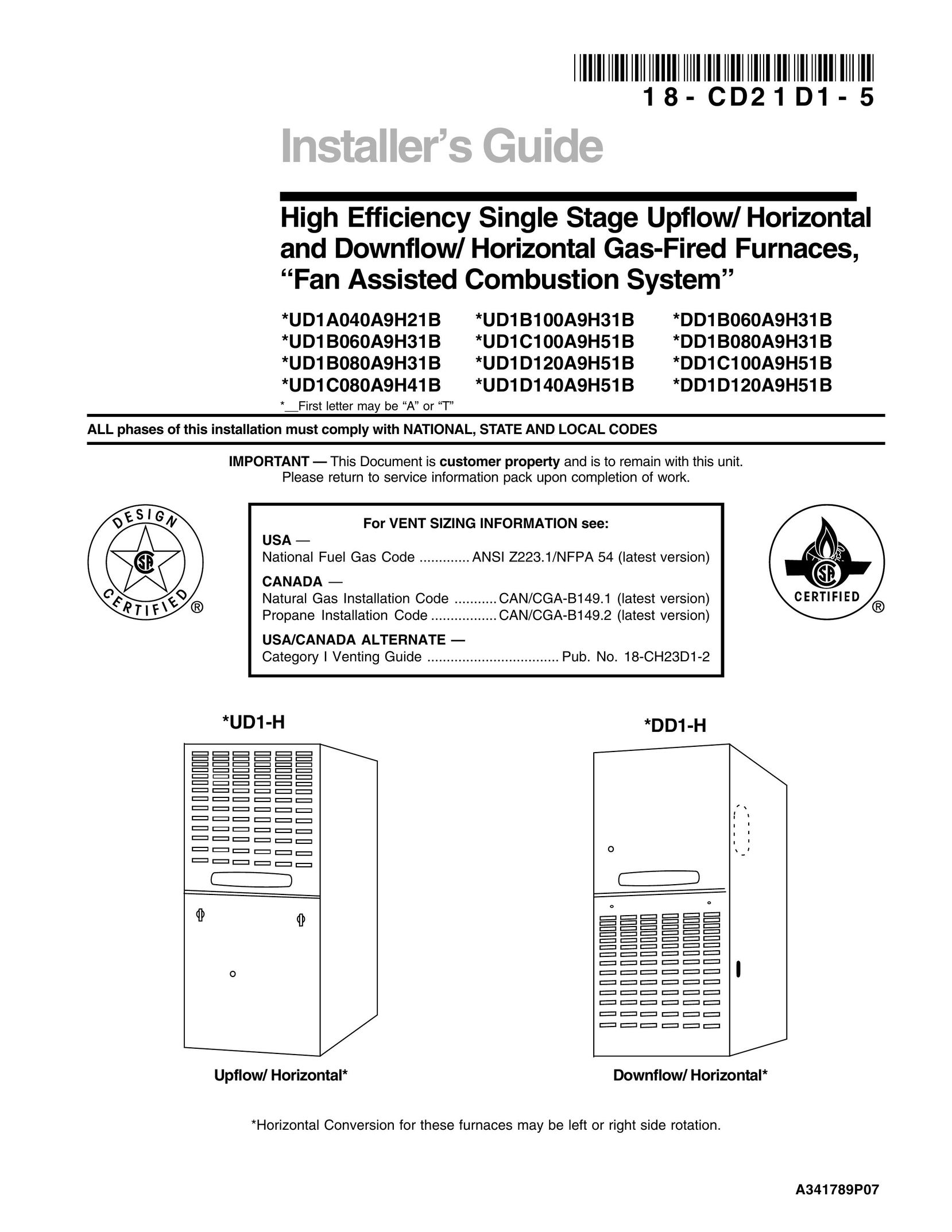 Trane UD1B080A9H31B Furnace User Manual