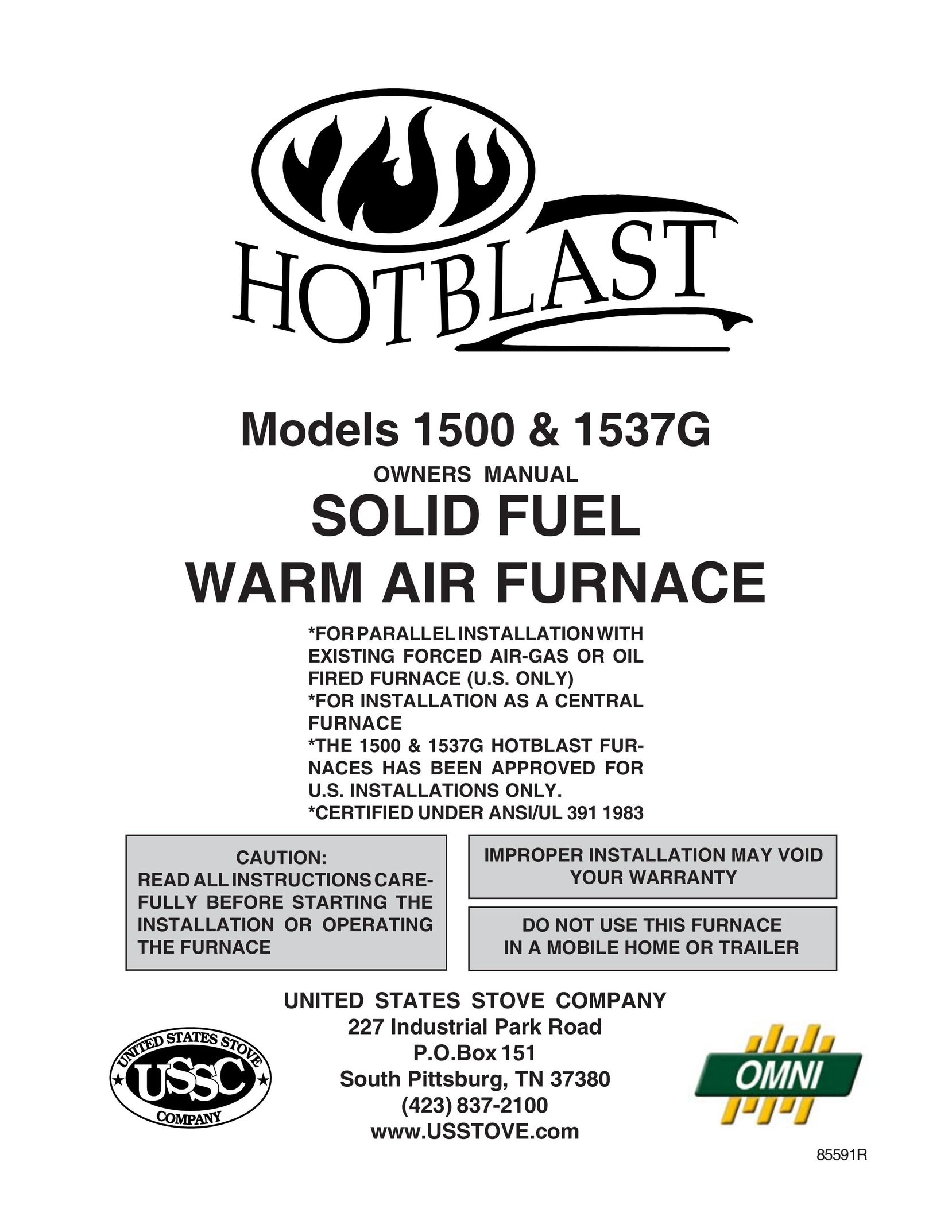 United States Stove 1500 Furnace User Manual