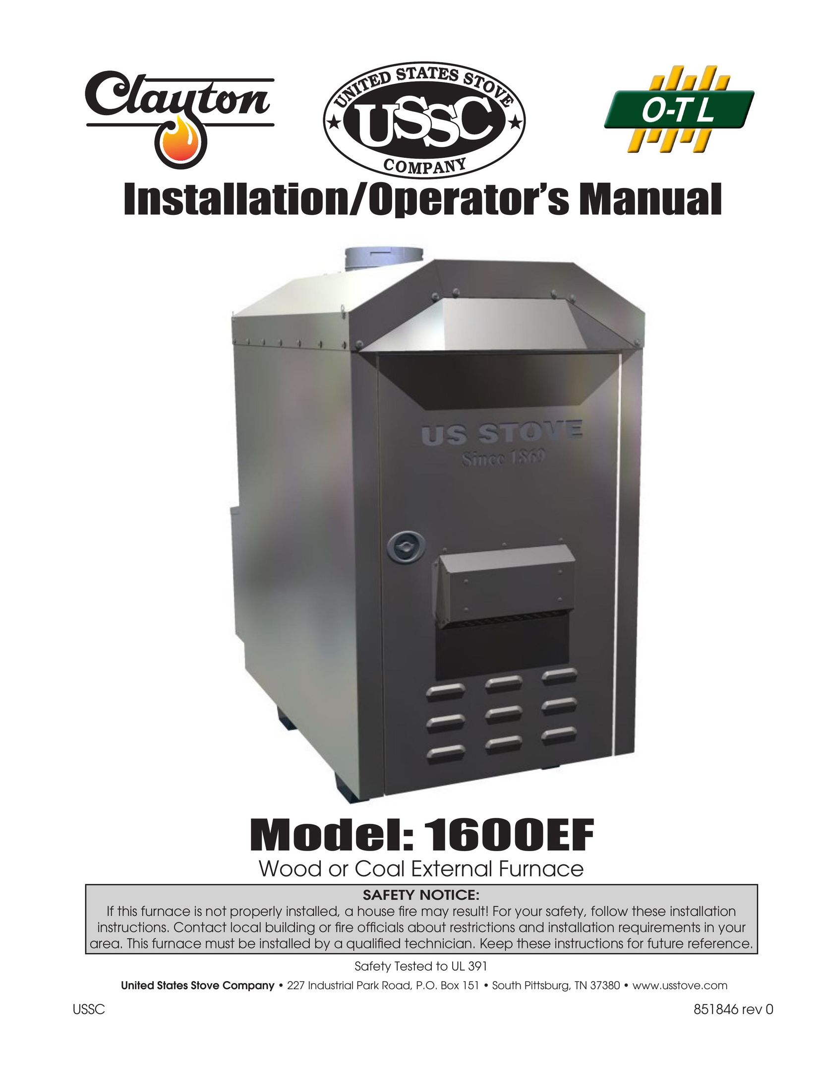 United States Stove 1600EF Furnace User Manual