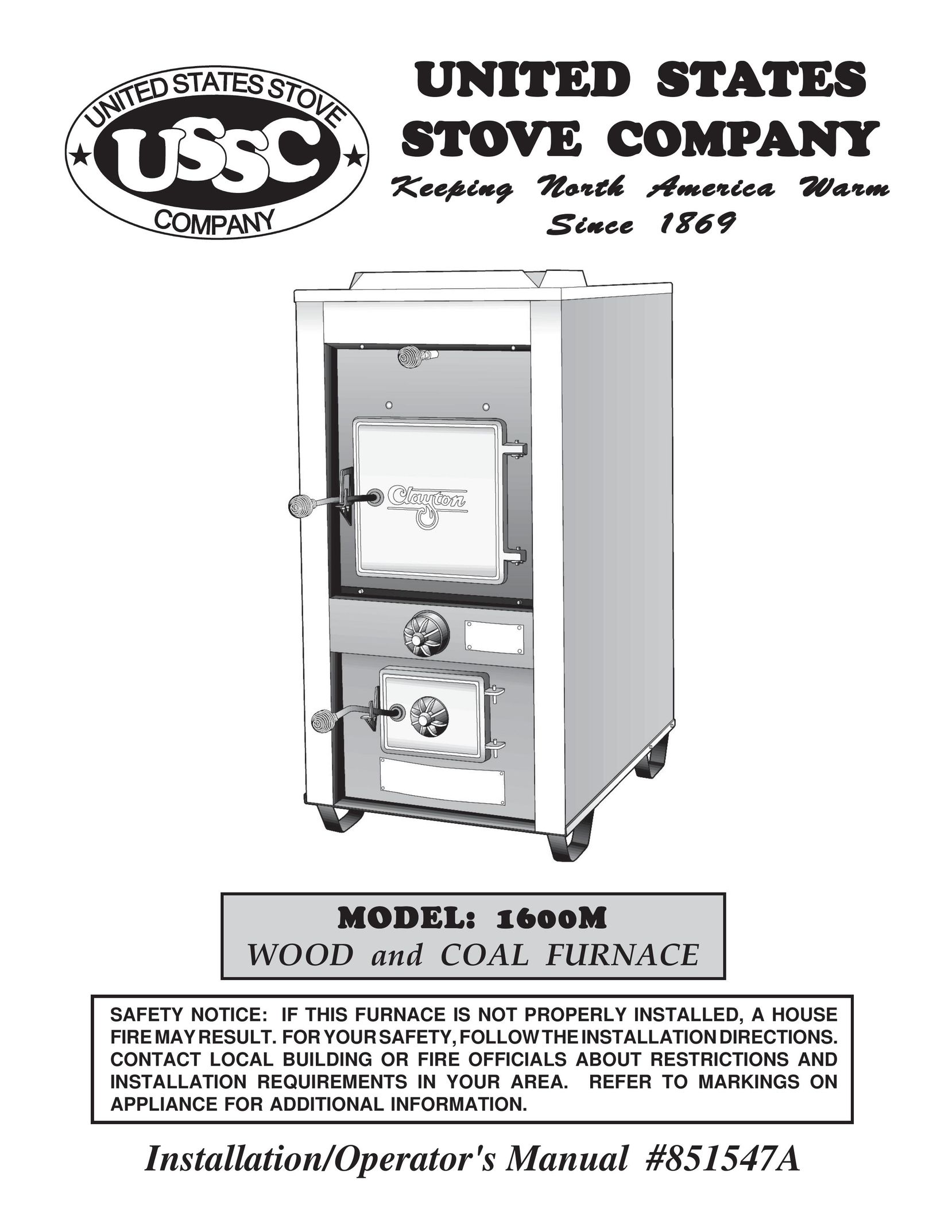 United States Stove 1600M Furnace User Manual