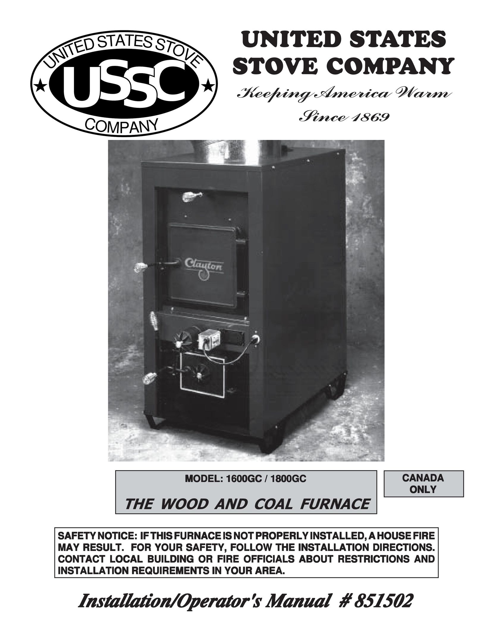 United States Stove 1800GC Furnace User Manual