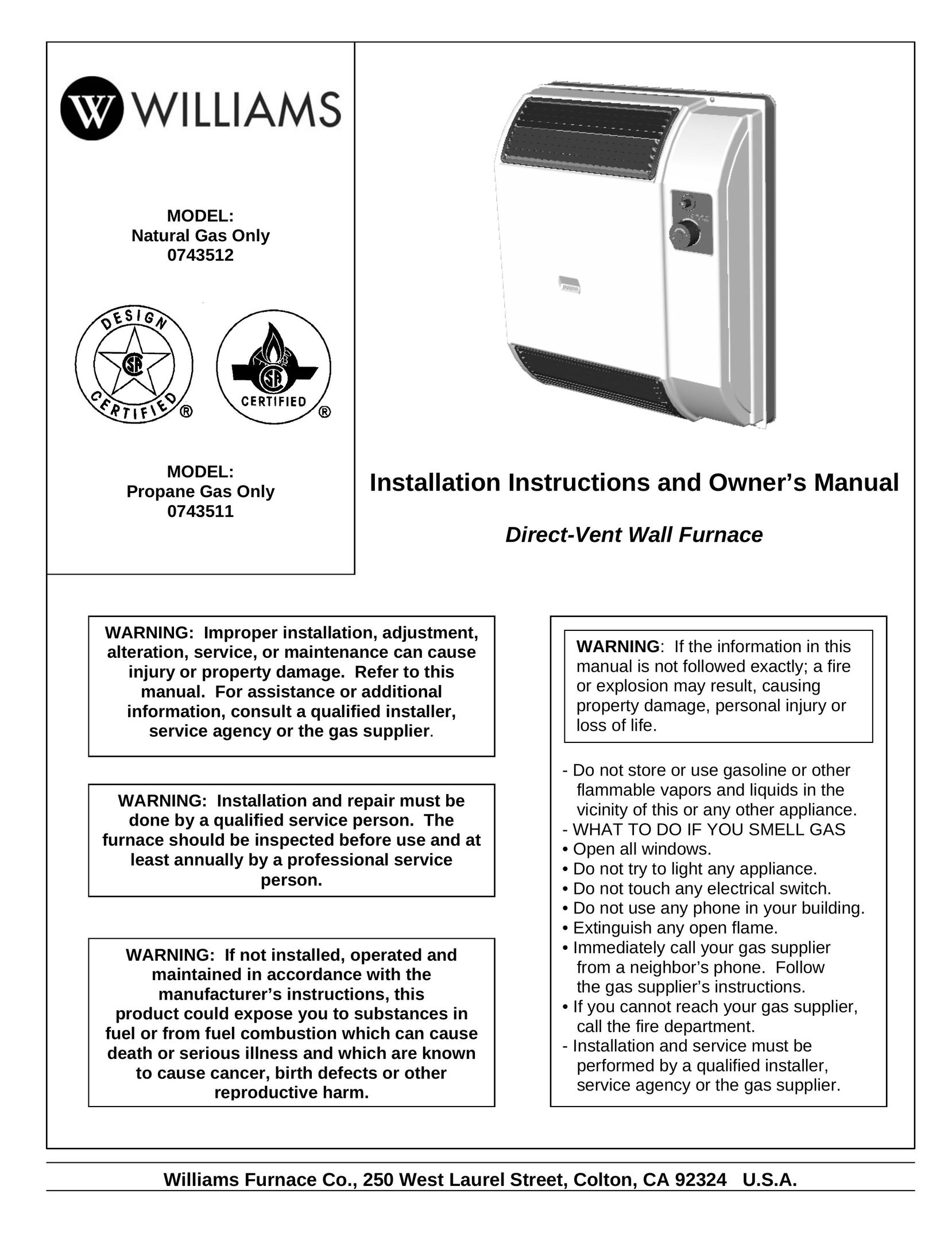 Williams 0743511 Furnace User Manual