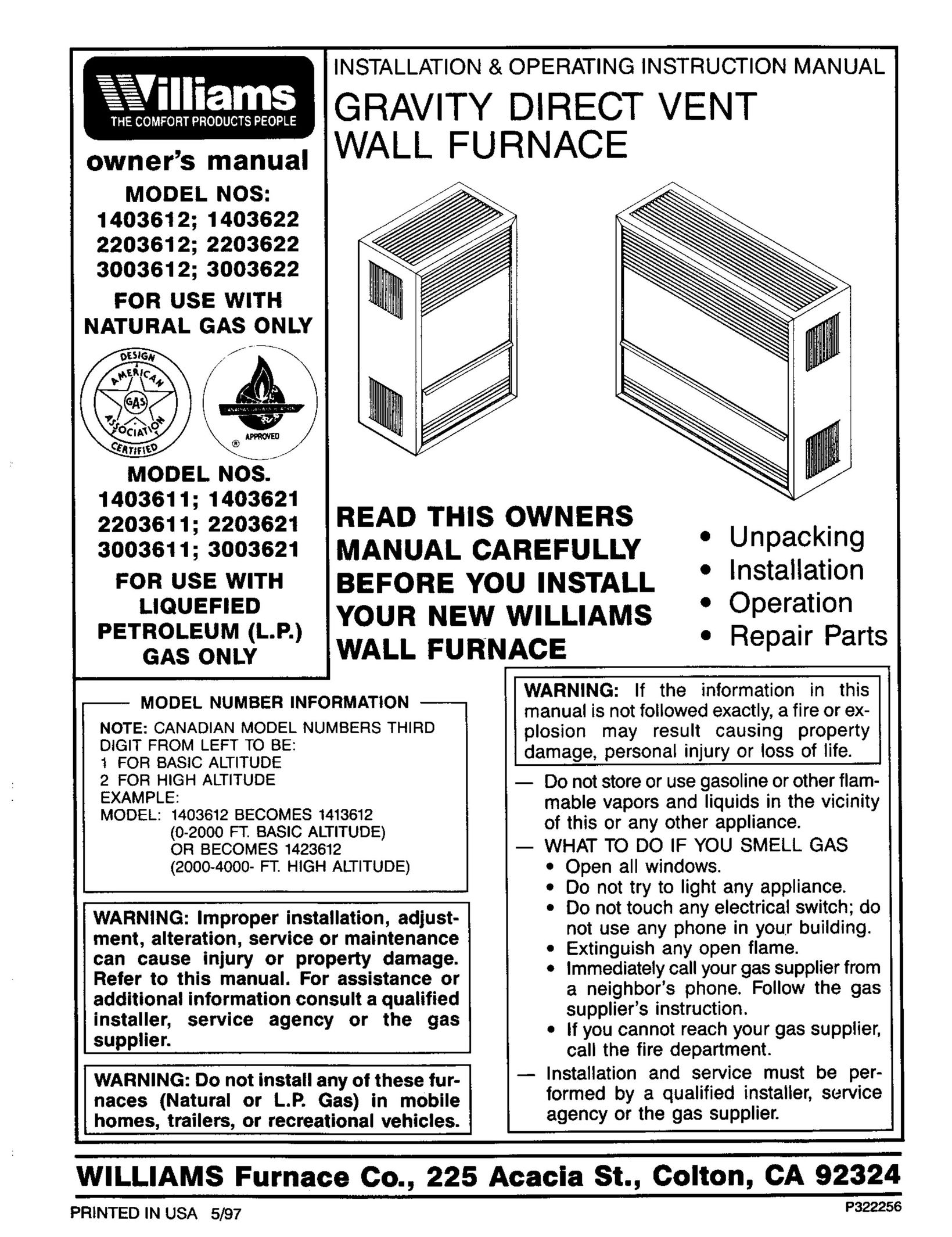 Williams 1403611 Furnace User Manual