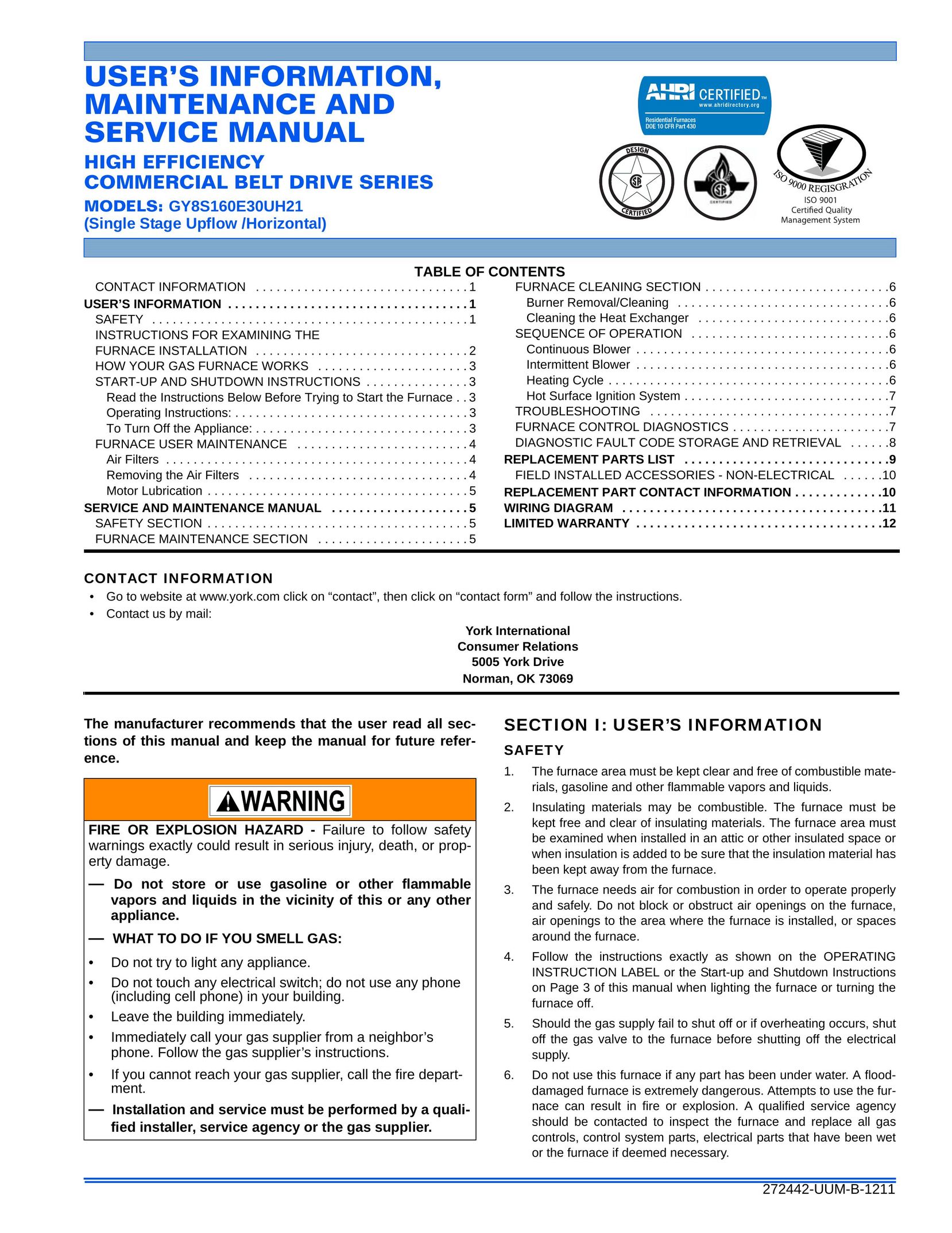 York GY8S160E30UH21 Furnace User Manual