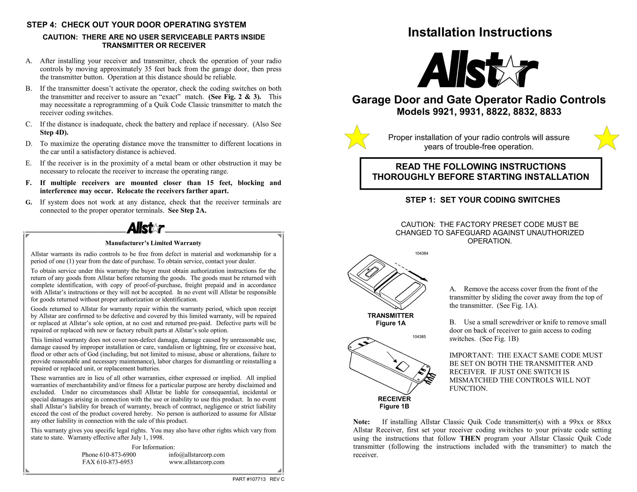 Allstar Products Group 8822 Garage Door Opener User Manual