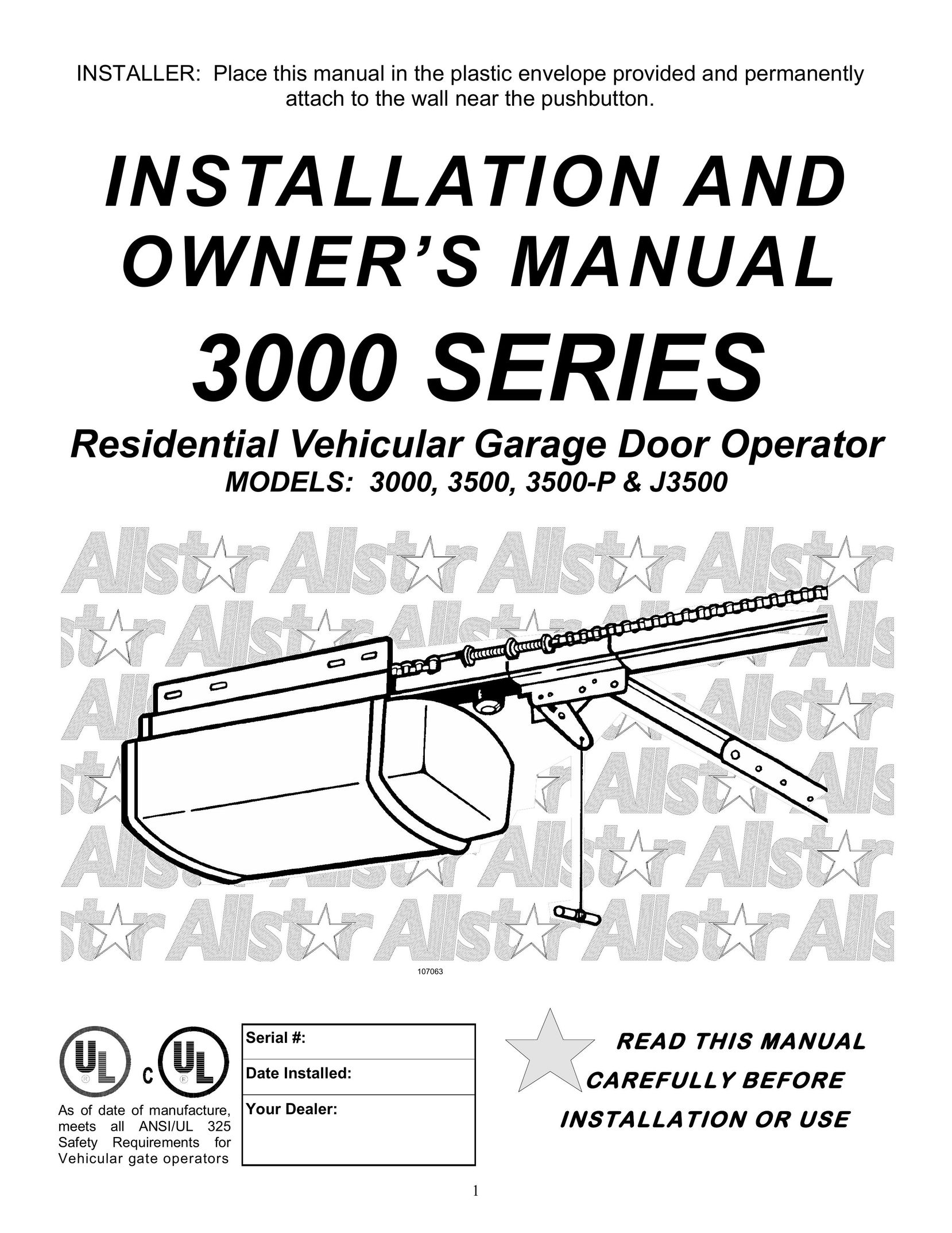 Allstar Products Group J3500 Garage Door Opener User Manual