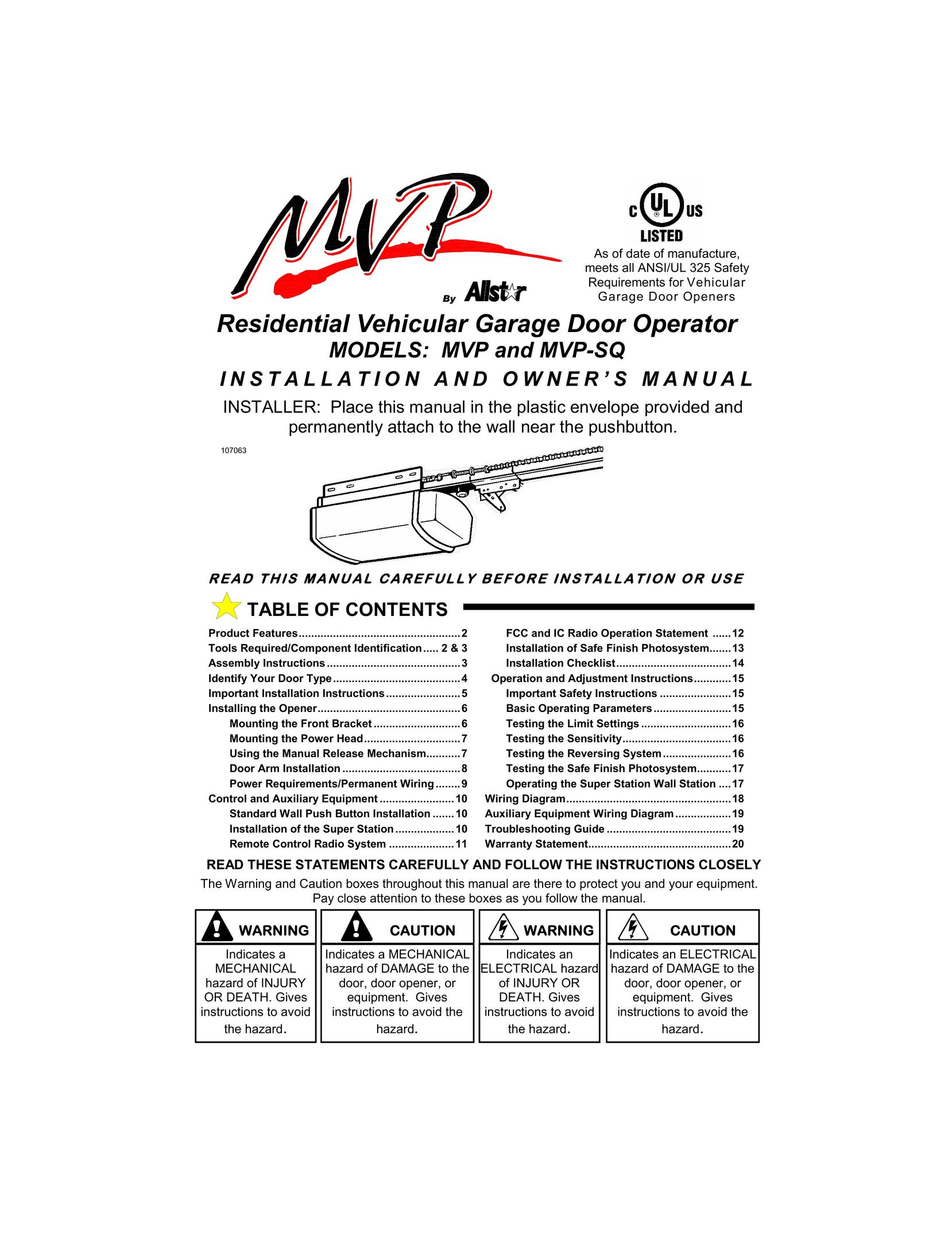 Allstar Products Group MVP Garage Door Opener User Manual