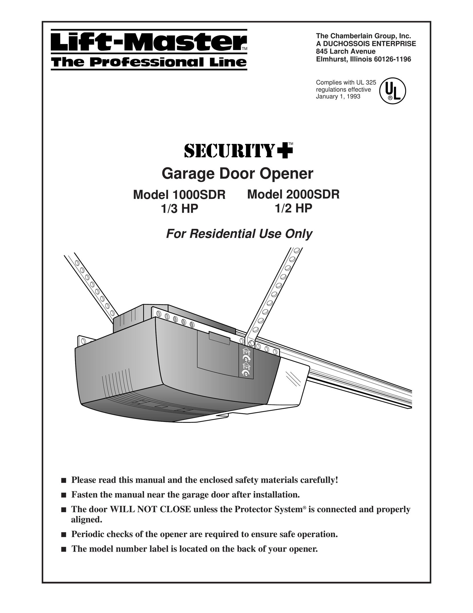 Chamberlain 1000SDR 1/3 HP Garage Door Opener User Manual