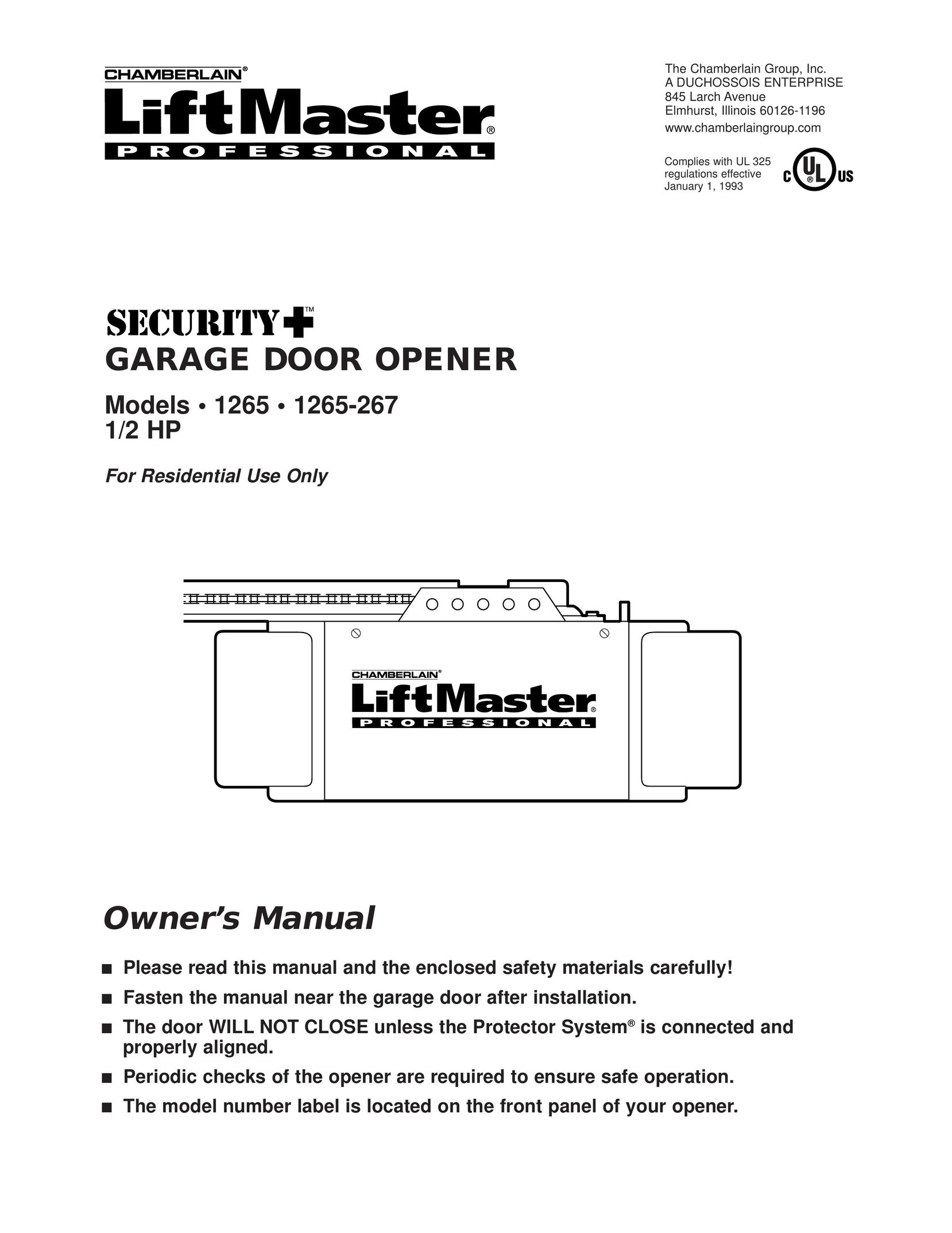 Chamberlain 1265-267 1/2 HP Garage Door Opener User Manual