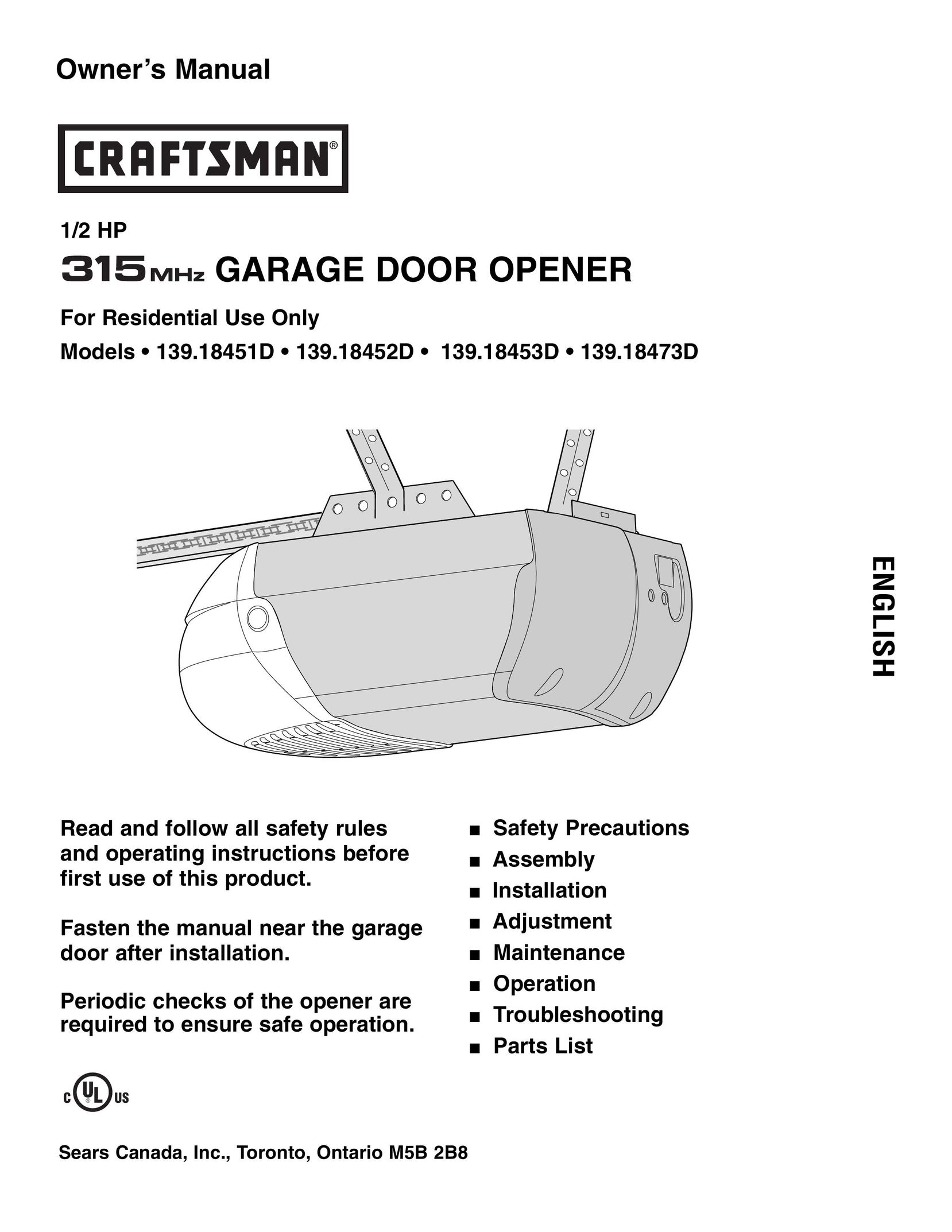 Craftsman 139.18452D Garage Door Opener User Manual