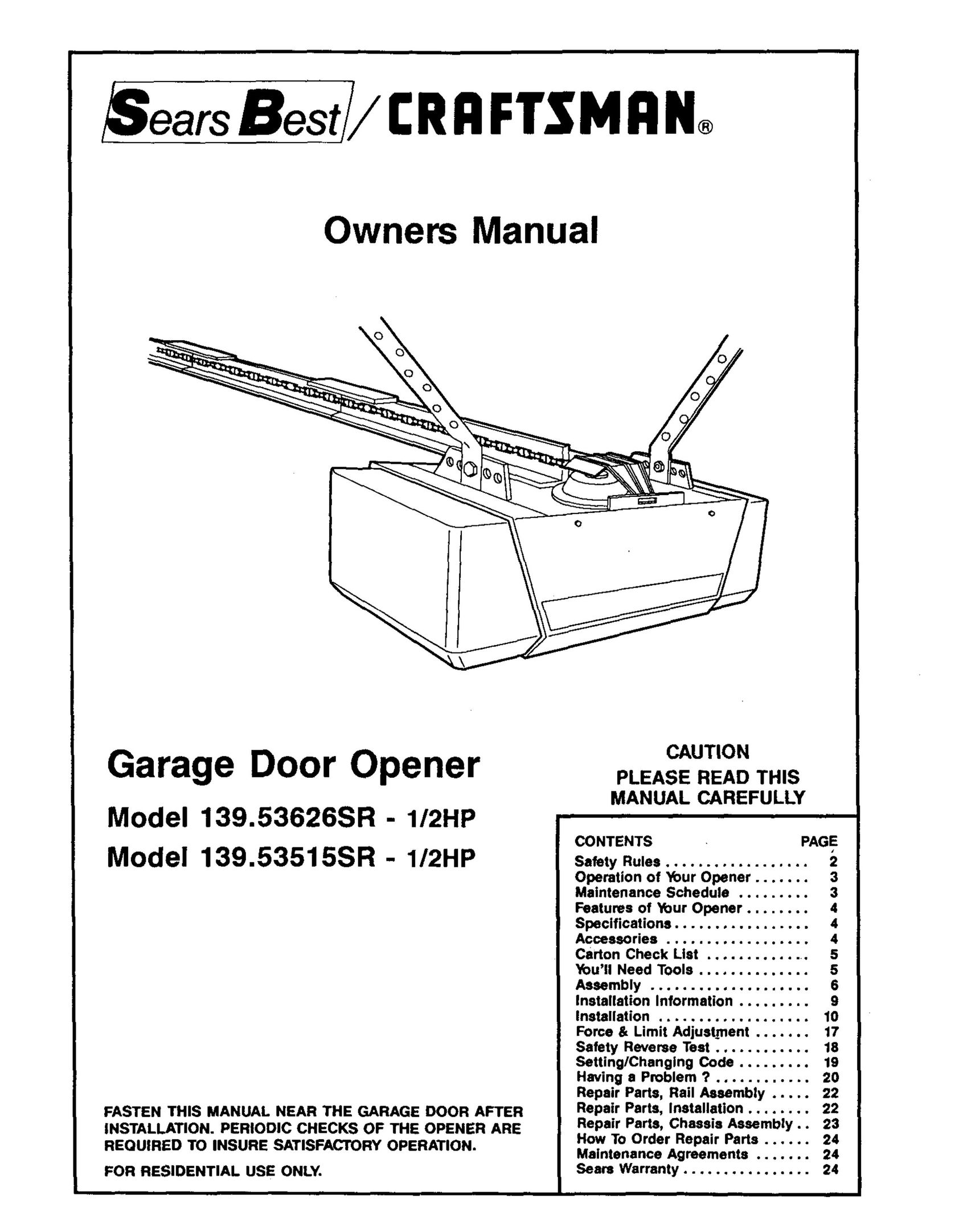 Craftsman 139.53626SR - I/2HP Garage Door Opener User Manual