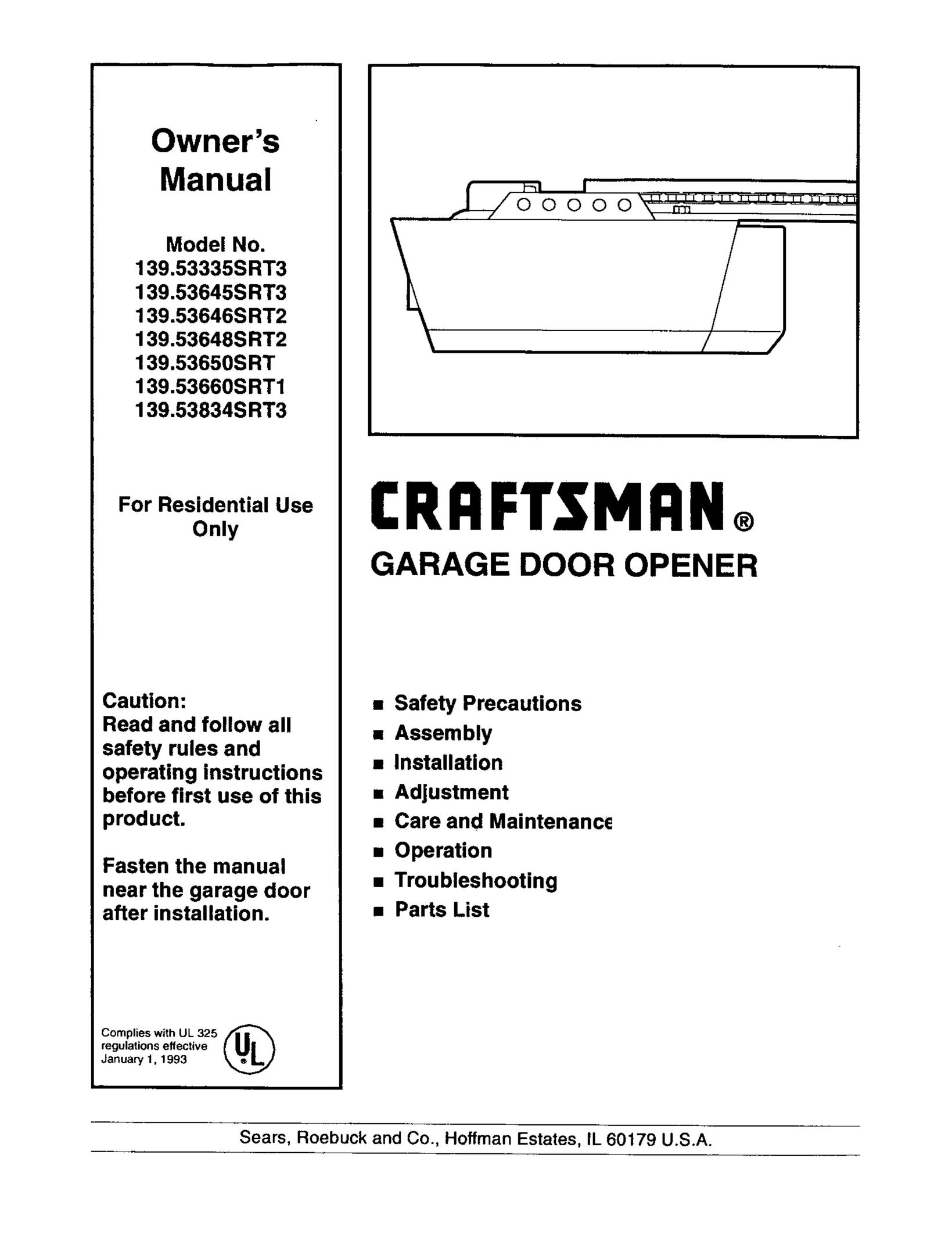 Craftsman 139.53645SRT3 Garage Door Opener User Manual