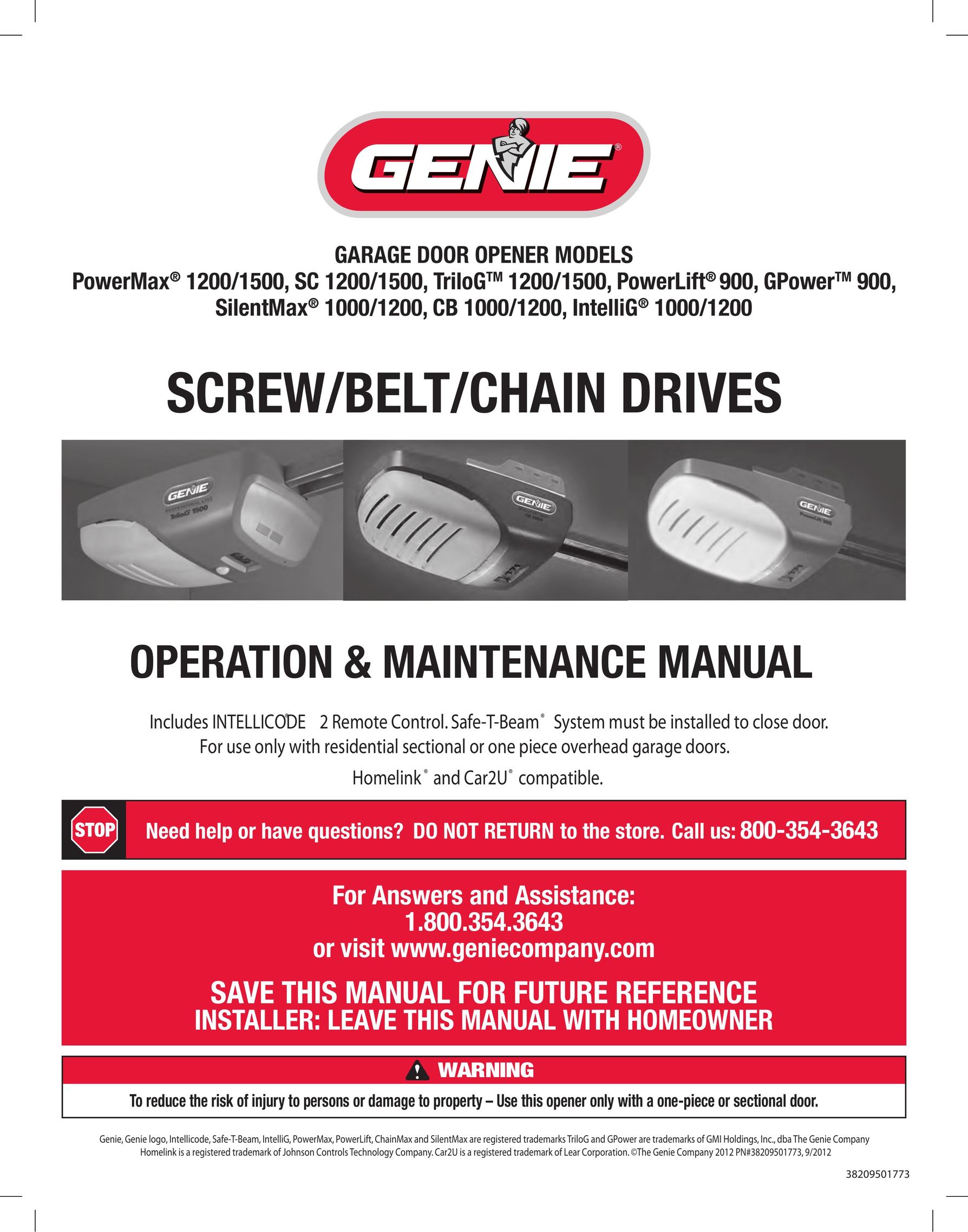 Genie 1200/1500 Garage Door Opener User Manual