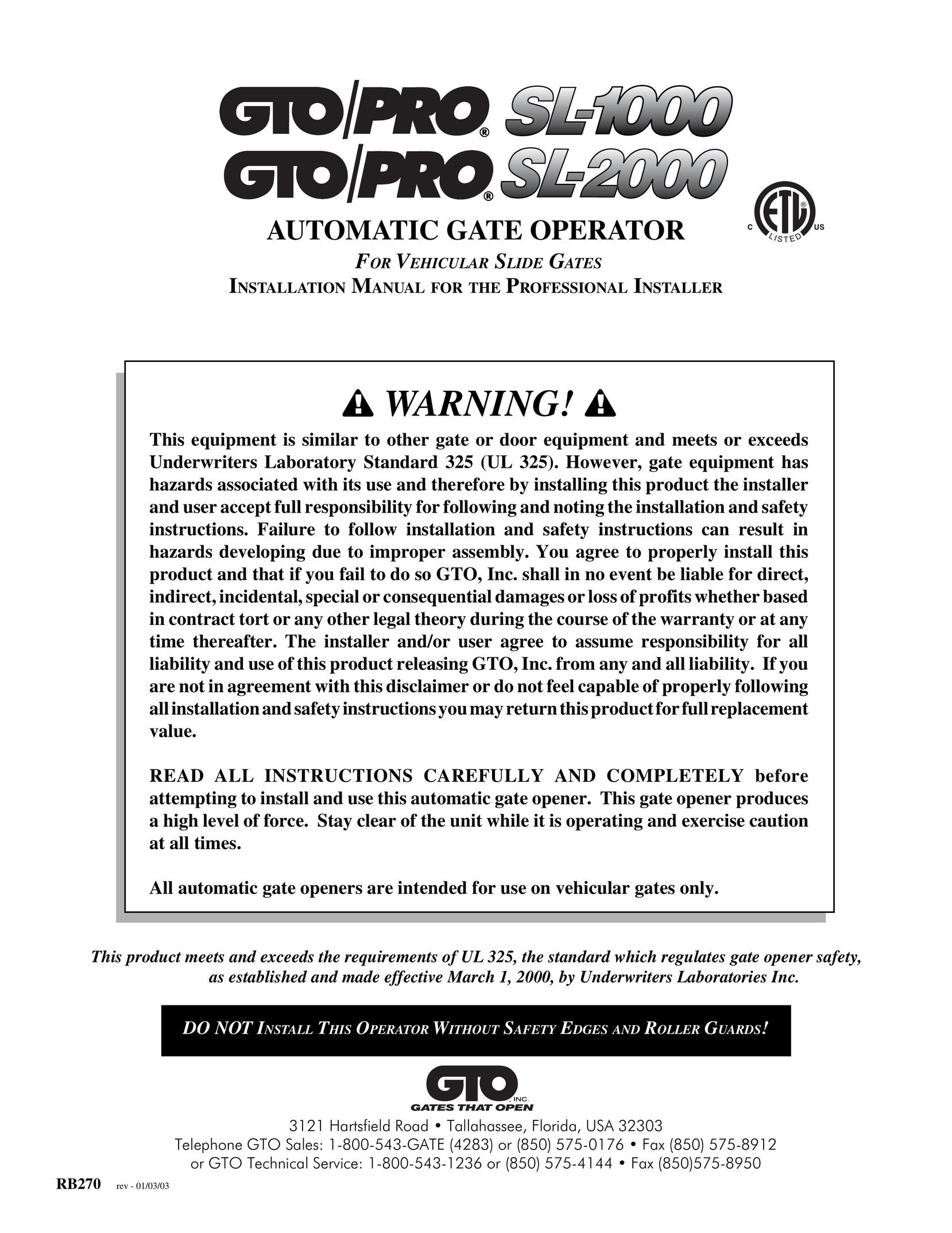 GTO SL-1000 Garage Door Opener User Manual