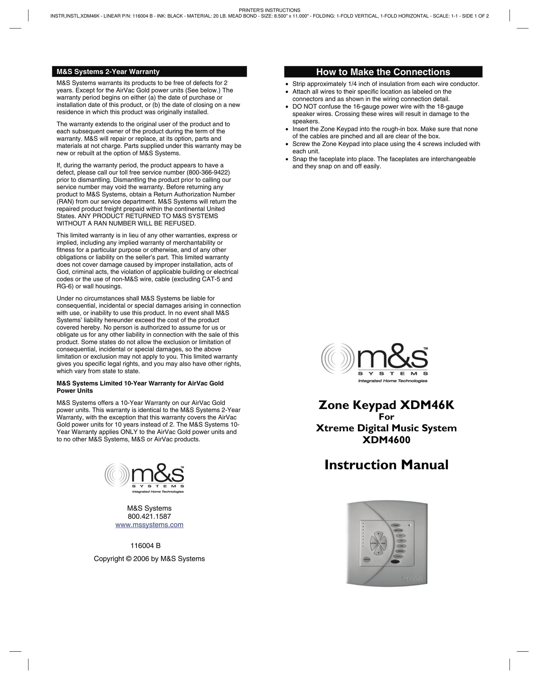 M&S Systems XDM46K Garage Door Opener User Manual